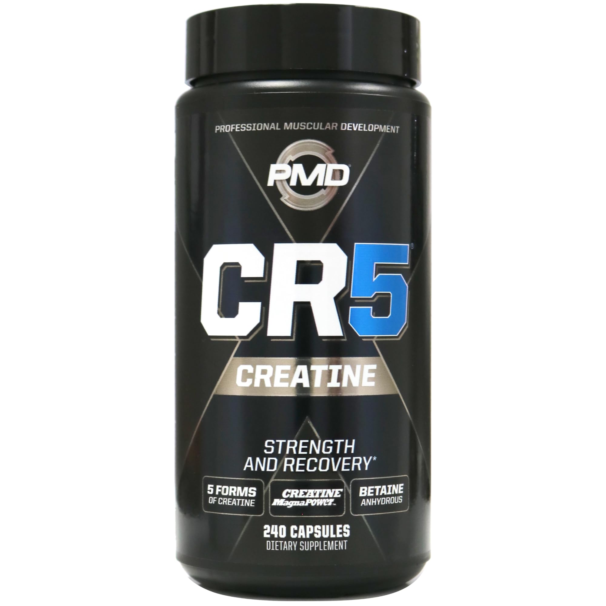 PMD Sports CR5, botella de capsulas, facilita la recuperacion muscular tras entrenar.