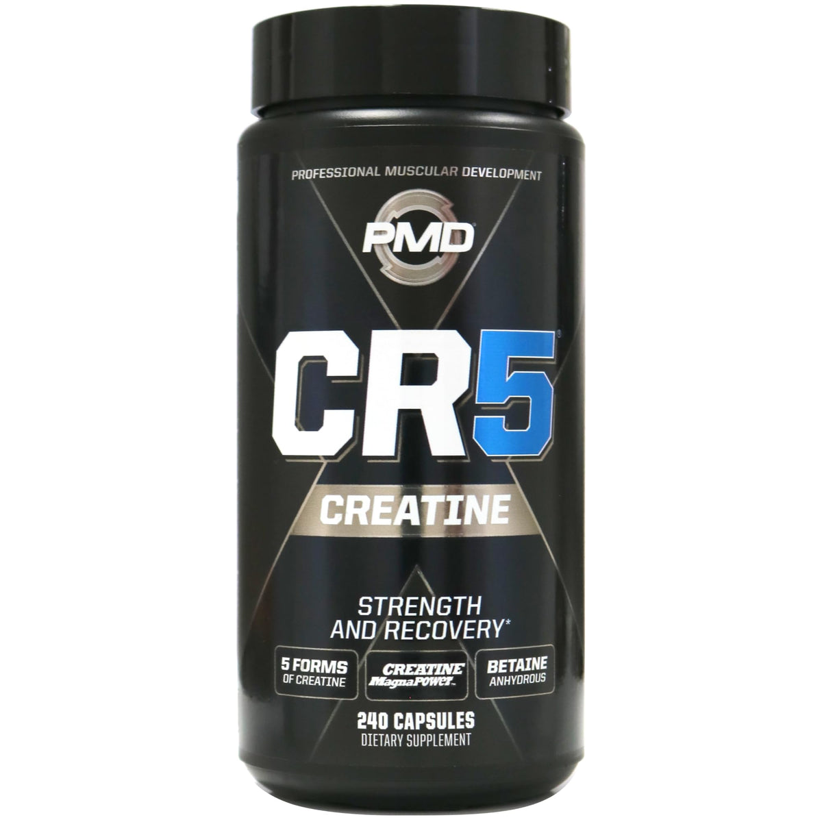 PMD Sports CR5, botella de capsulas, facilita la recuperacion muscular tras entrenar.