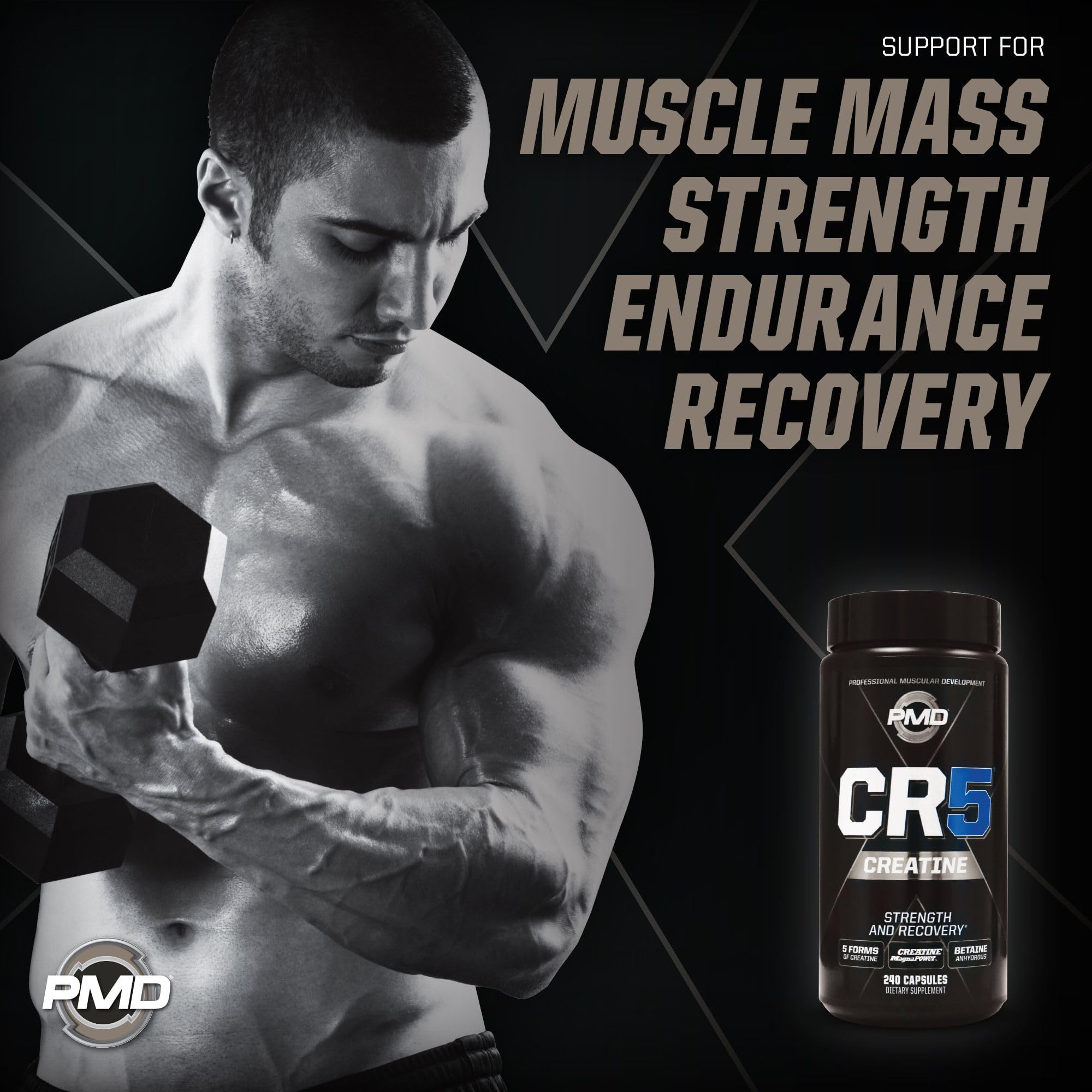 PMD Sports CR5, etiqueta frontal, resalta beneficios para fuerza y resistencia.