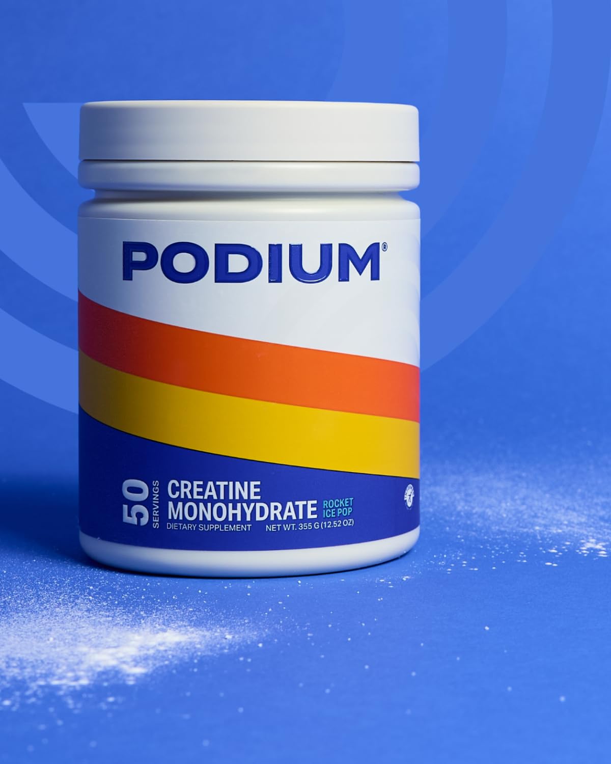 Podium Nutrition Creatina Monohidrata envase frontal para uso diario y viaje.