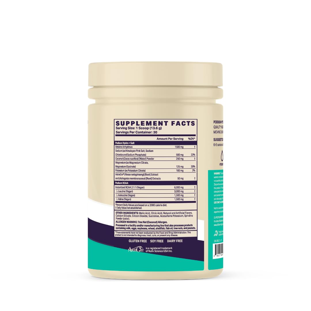 Podium Nutrition Hydro Salt polvo medido para mezclar en agua y rehidratarse.