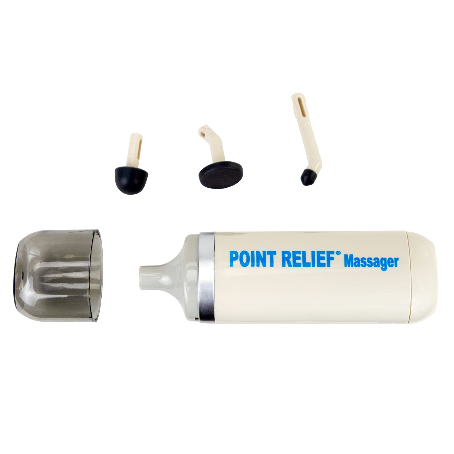 Point Relief Mini-Massager con cabezales cuatro para alivio focalizado de tensiones.
