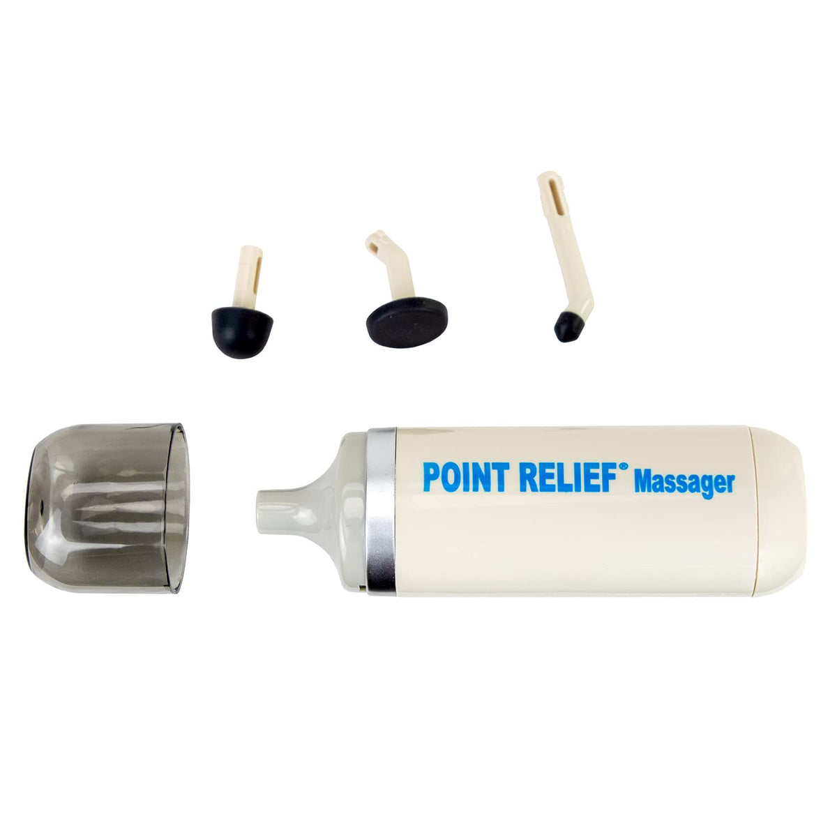 Point Relief Mini-Massager con cabezales cuatro para alivio focalizado de tensiones.