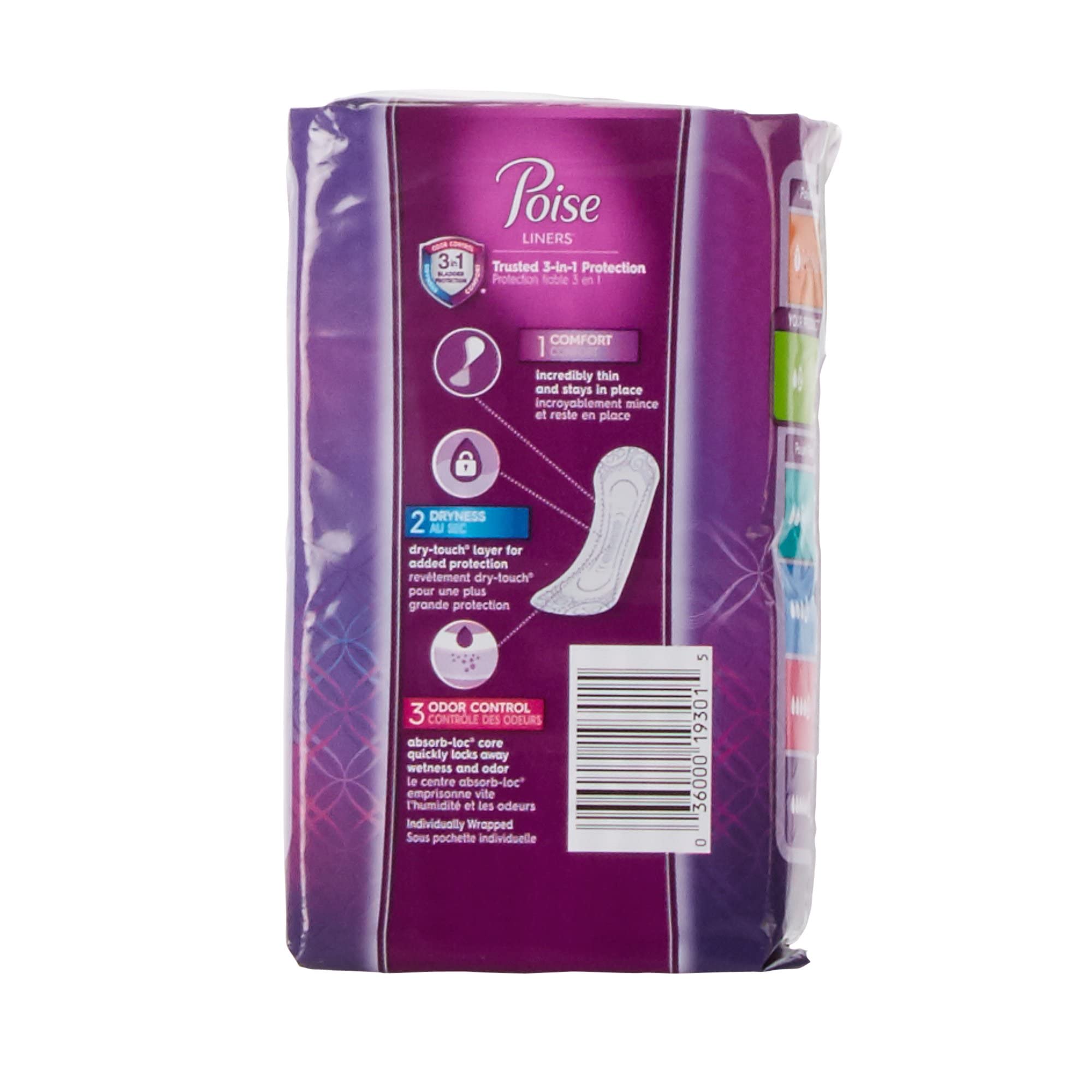 Poise Fresh Protection, núcleo Absorb-Loc, mantiene la piel seca y reduce olores durante actividades.