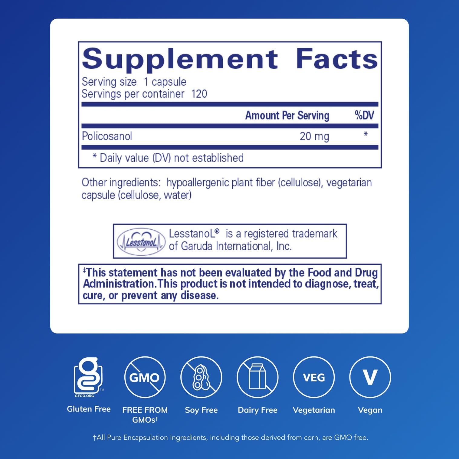 Etiqueta de Policosanol 20 mg destacando pureza y calidad hipoalergénica.