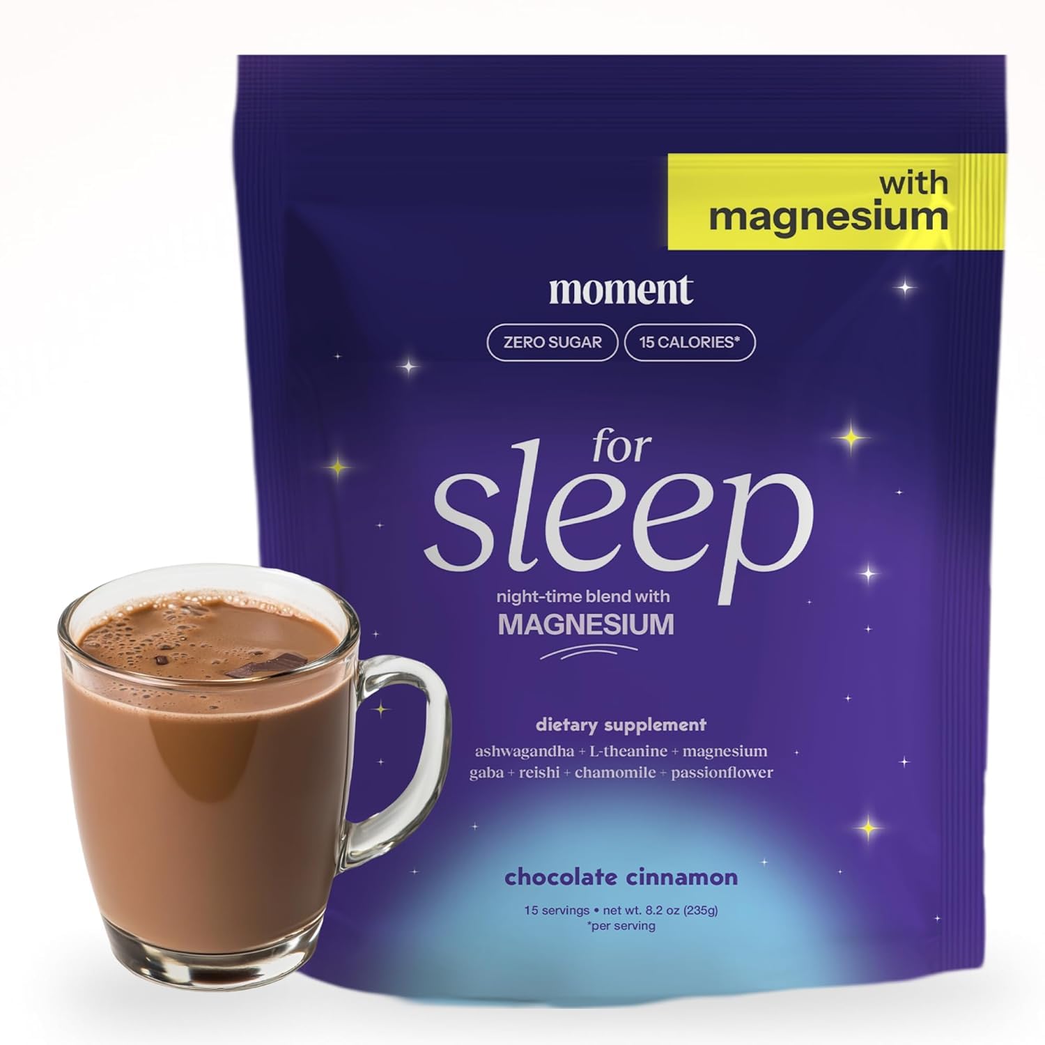 Polvo Moment Sueño: chocolate caliente para relajación nocturna.