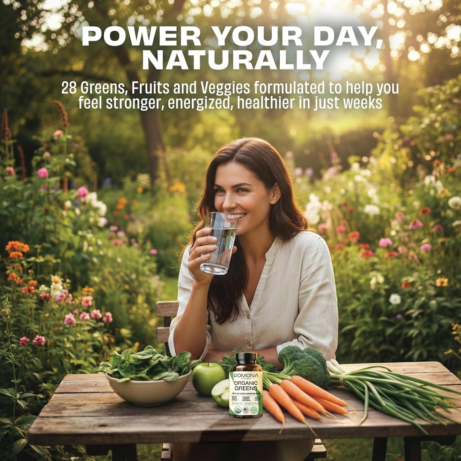 Etiqueta de Pomona Wellness Super Greens, ingredientes vegetales visibles.