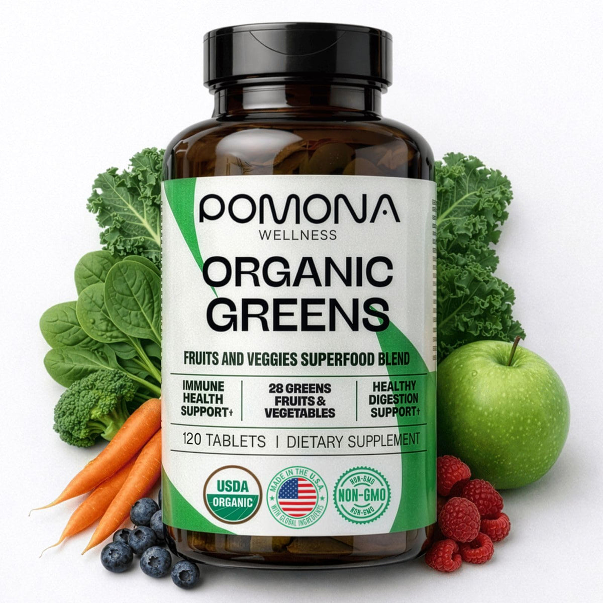 Frente del frasco Pomona Wellness Super Greens, tabletas para apoyar la digestión.