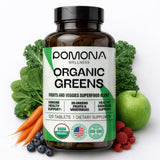 Frente del frasco Pomona Wellness Super Greens, tabletas para apoyar la digestión.