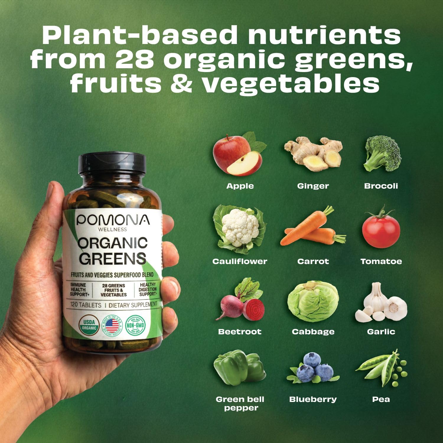 Ingredientes de Pomona Wellness Super Greens para dieta equilibrada.
