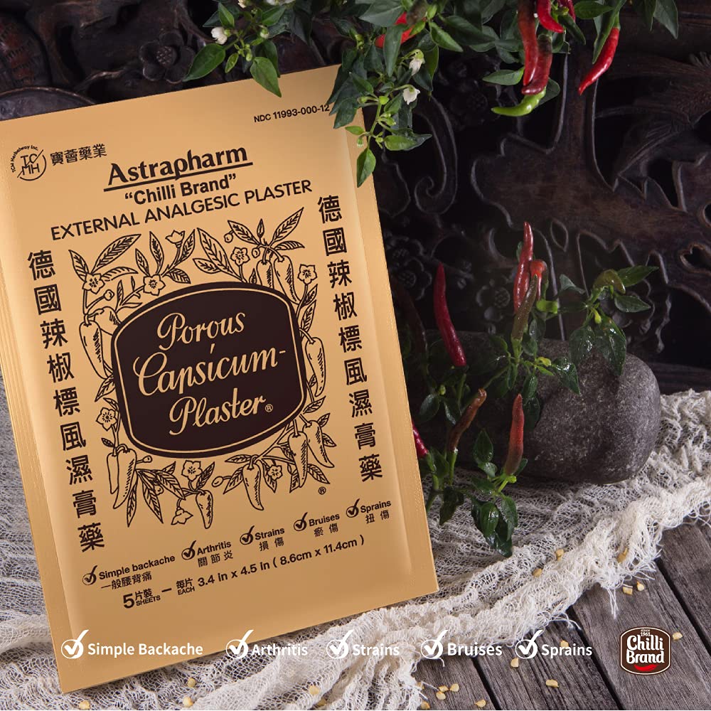 Parche POROUS-CAPSICUM-PLASTER con capsaicina para alivio temporal en la zona afectada.
