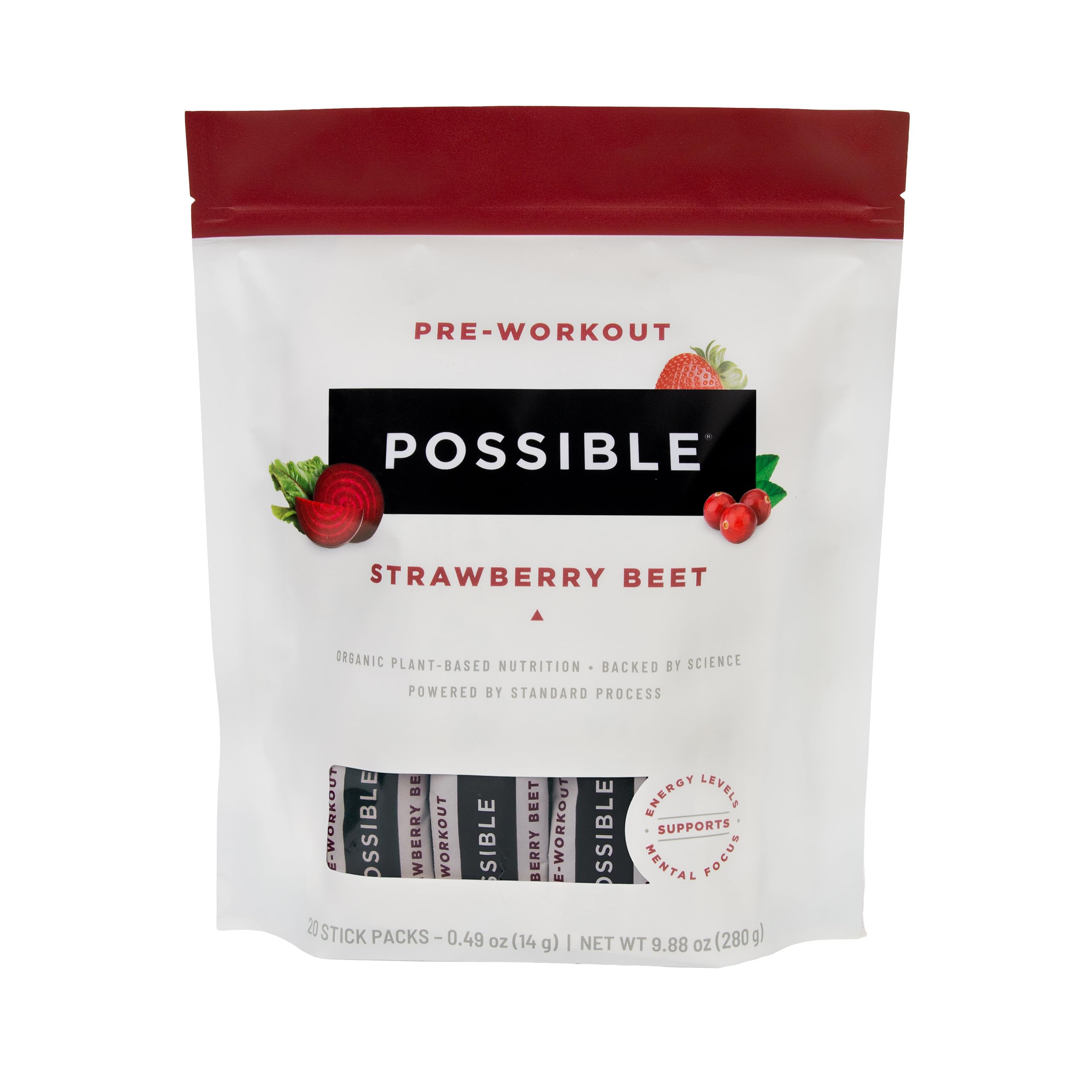 Possible Pre-Workout polvo sabor fresa-remolacha para energía sostenida antes del entrenamiento.