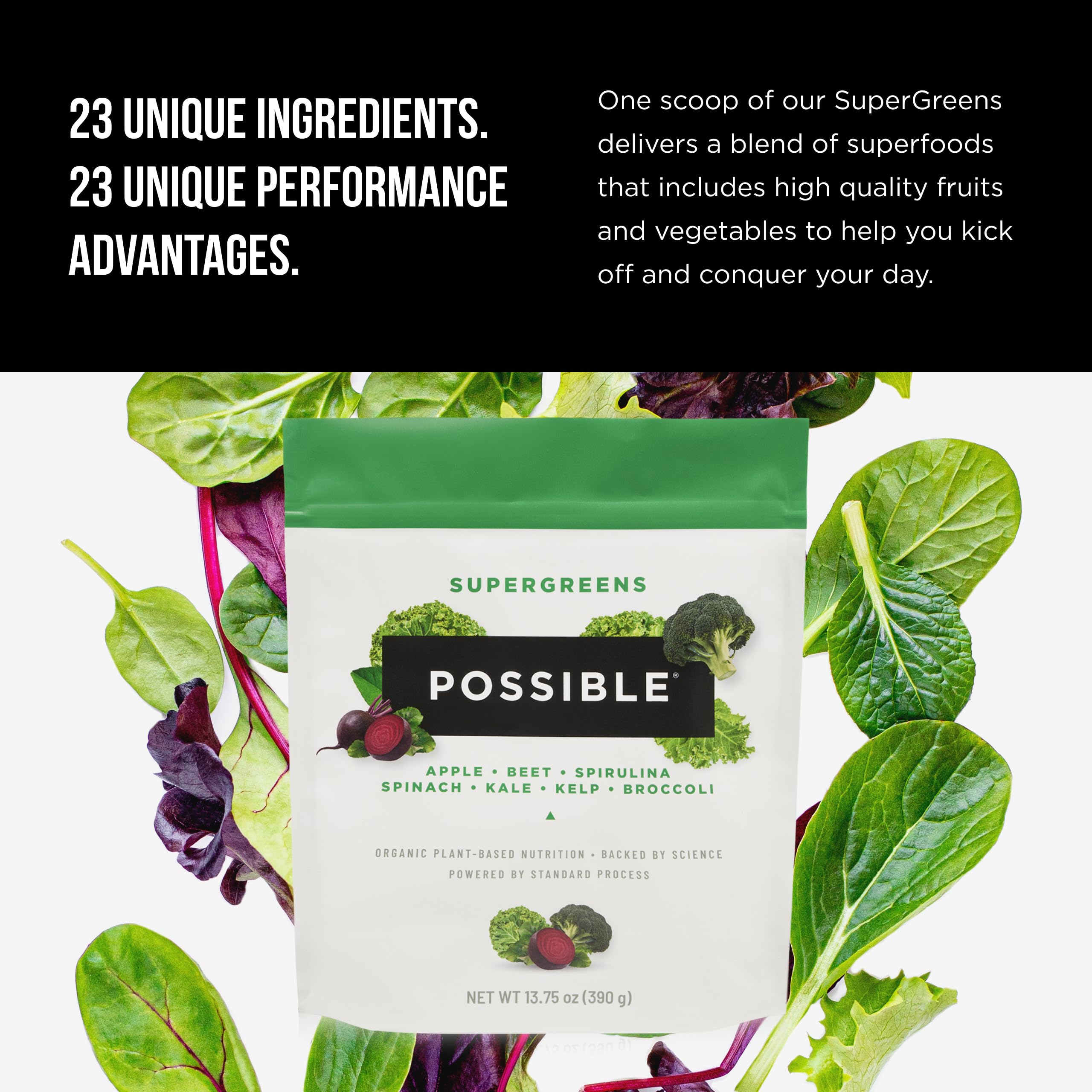 Possible SuperGreens, bebida verde en vaso, apoyo diario para la nutrición