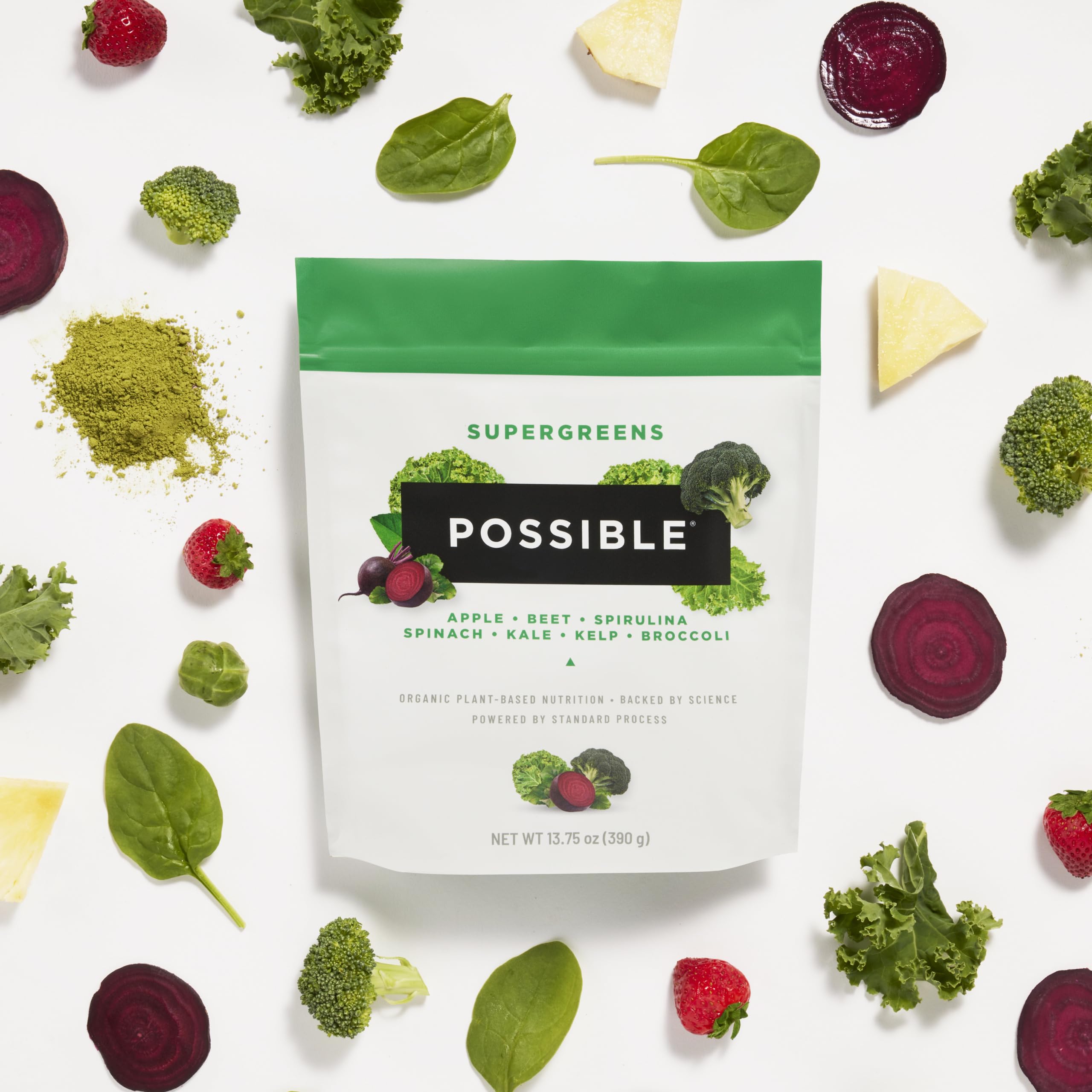 Possible SuperGreens, ingredientes de espirulina, col rizada y brócoli para tu nutrición