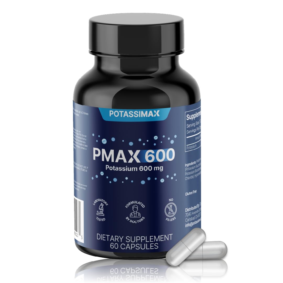 PotassiMax PMAX600: botella de cápsulas para uso diario de electrolitos.