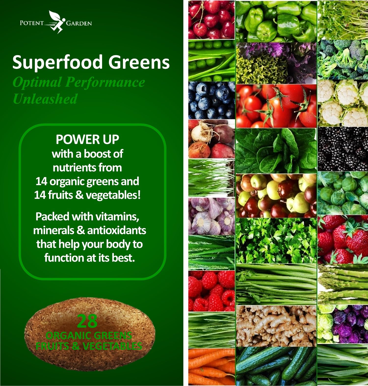 Potent Garden cápsulas de frutas y verduras orgánicas para nutrición equilibrada.