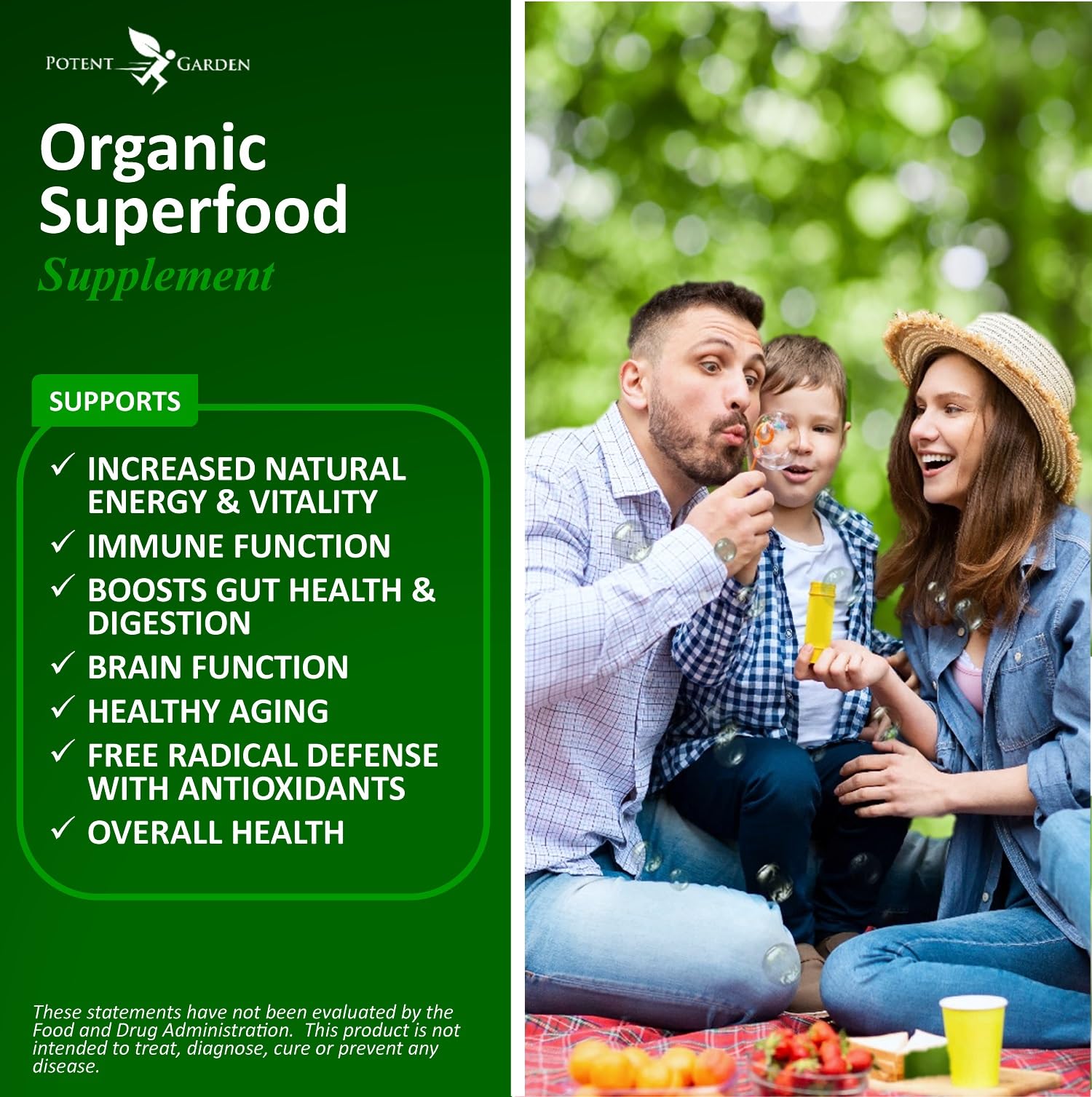 Potent Garden etiqueta del producto con ingredientes naturales y beneficios antioxidantes.