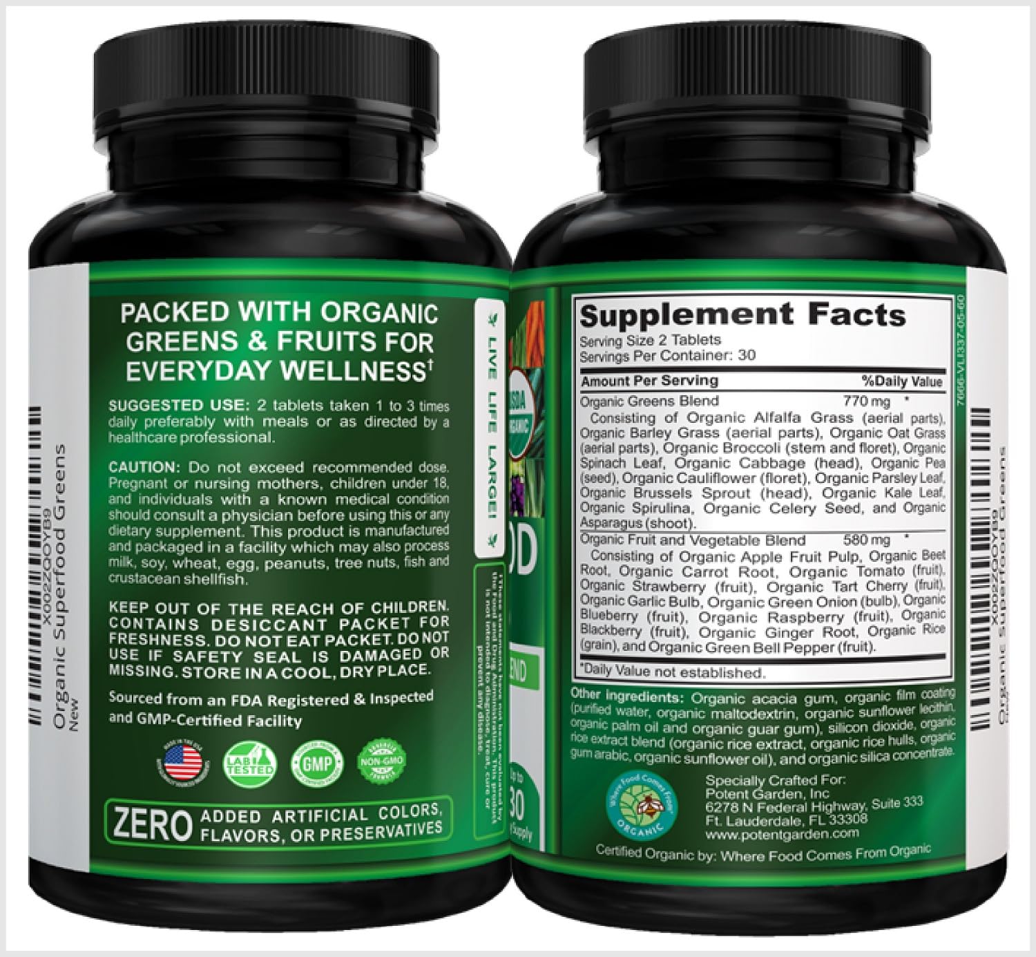 Potent Garden ingredientes orgánicos y naturales para nutrición diaria.