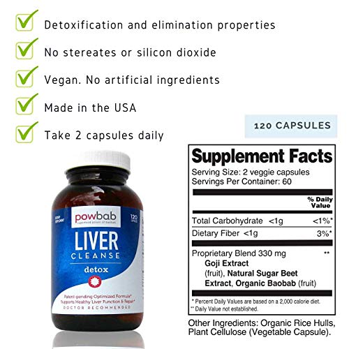 Powbab Liver Cleanse Detox, etiqueta clara que destaca ingredientes naturales.