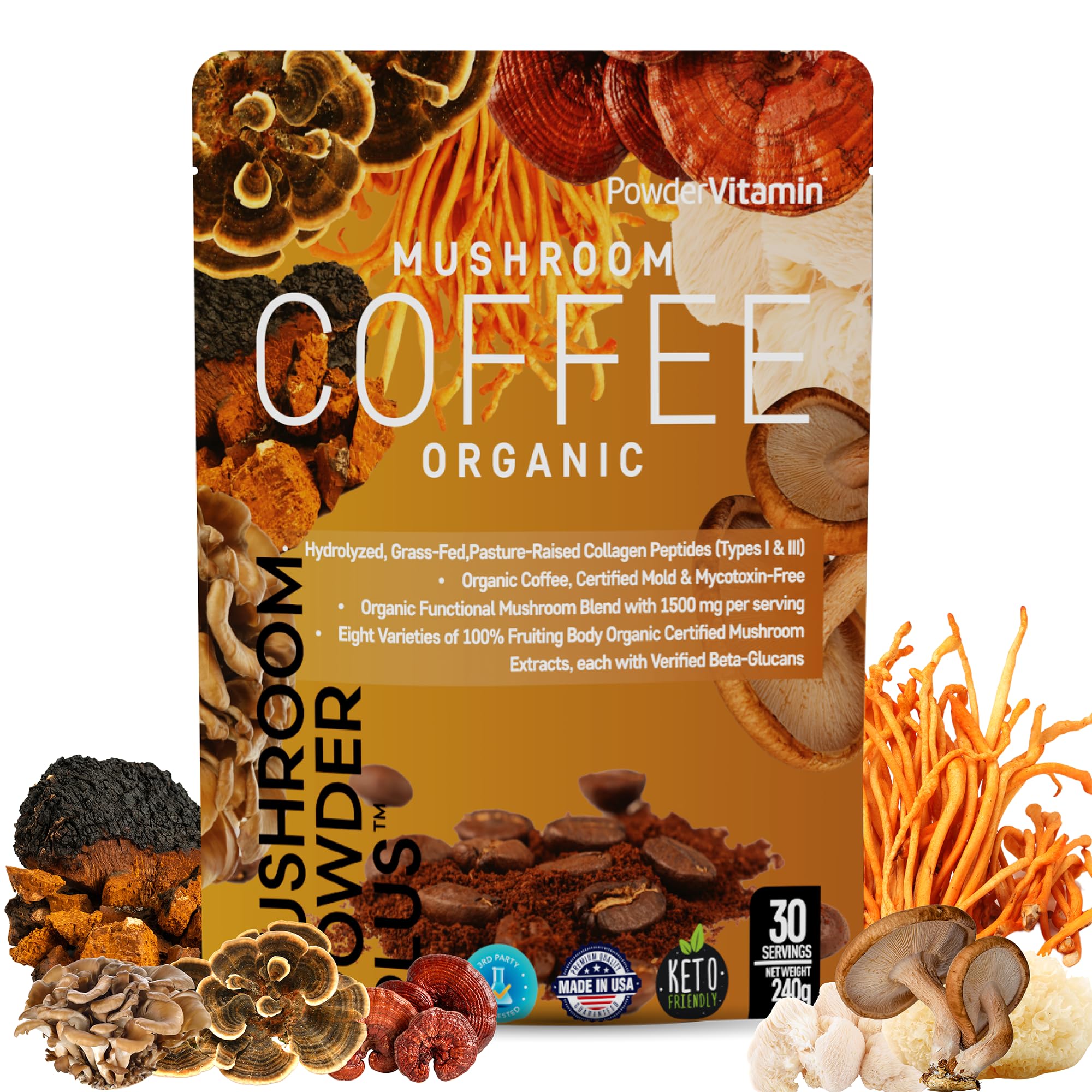 PowderVitamin café con setas orgánicas en taza caliente para enfoque suave.