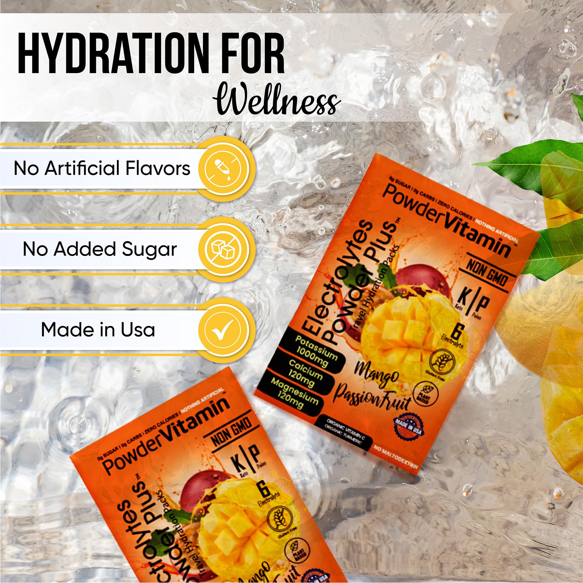 PowderVitamin electrolitos vaso de bebida mango-maracuyá sin calorías.
