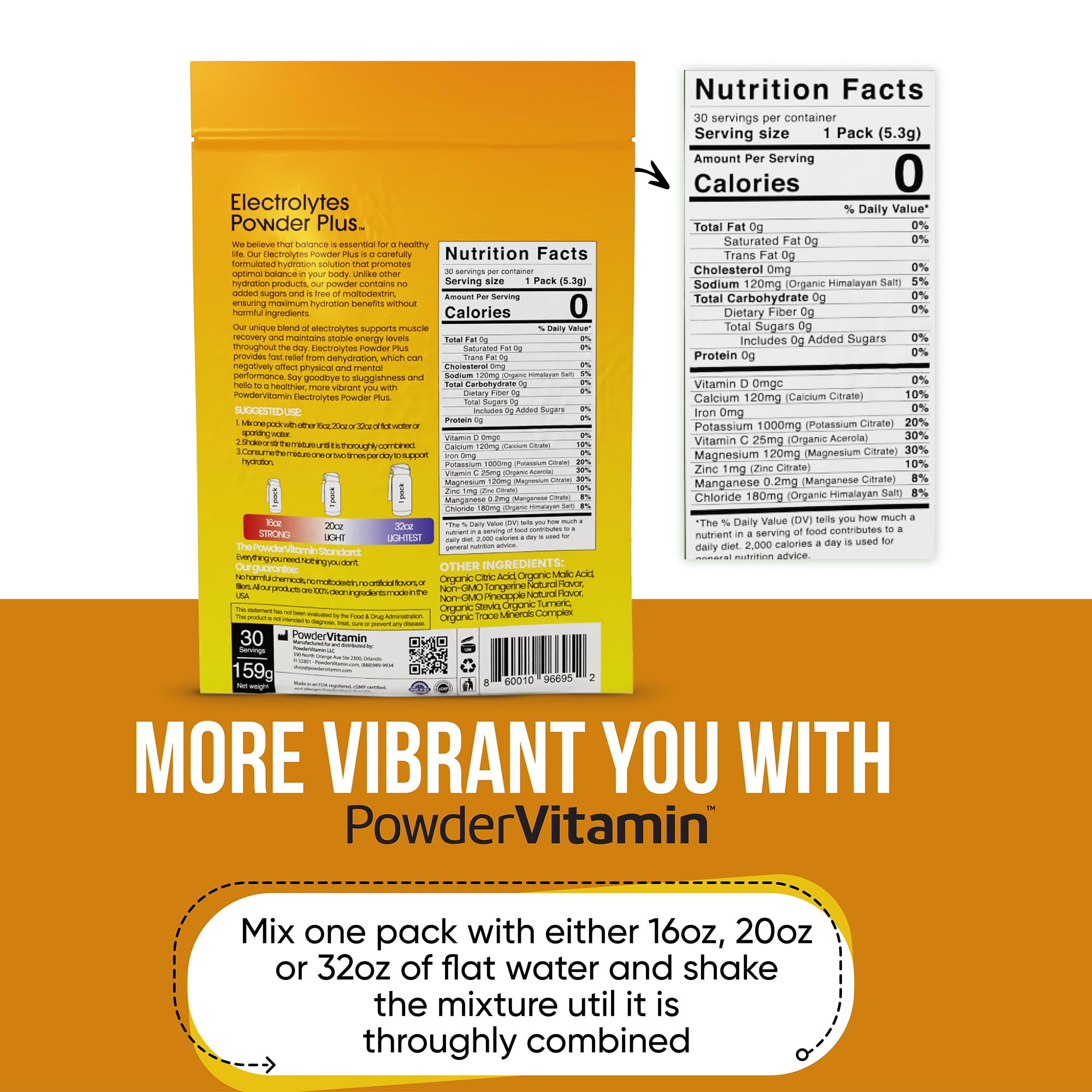 PowderVitamin Electrolitos bolsitas de viaje, solución sin calorías para días activos.