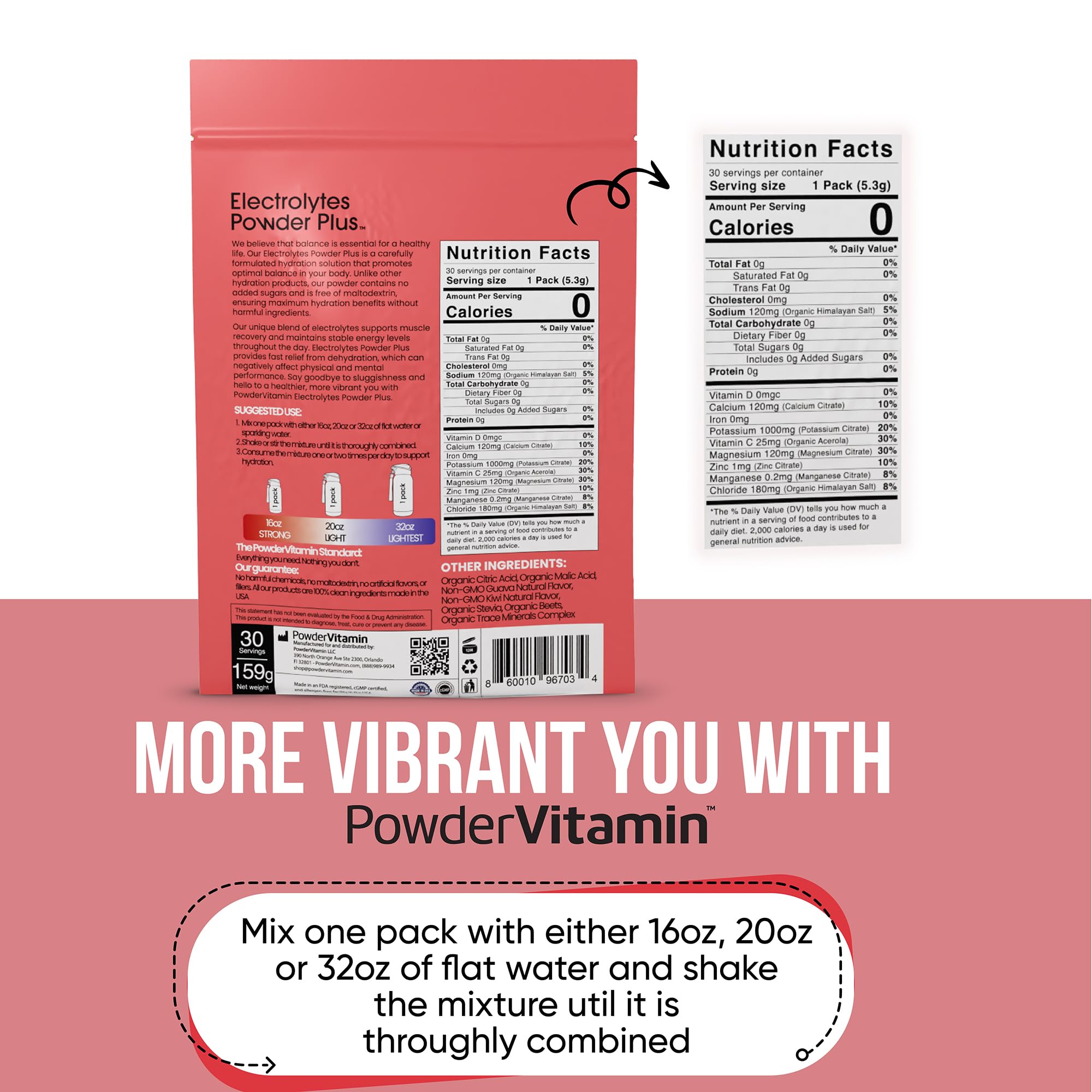 PowderVitamin Electrolitos en Polvo Plus, calcio 120 mg para mantenimiento diario.