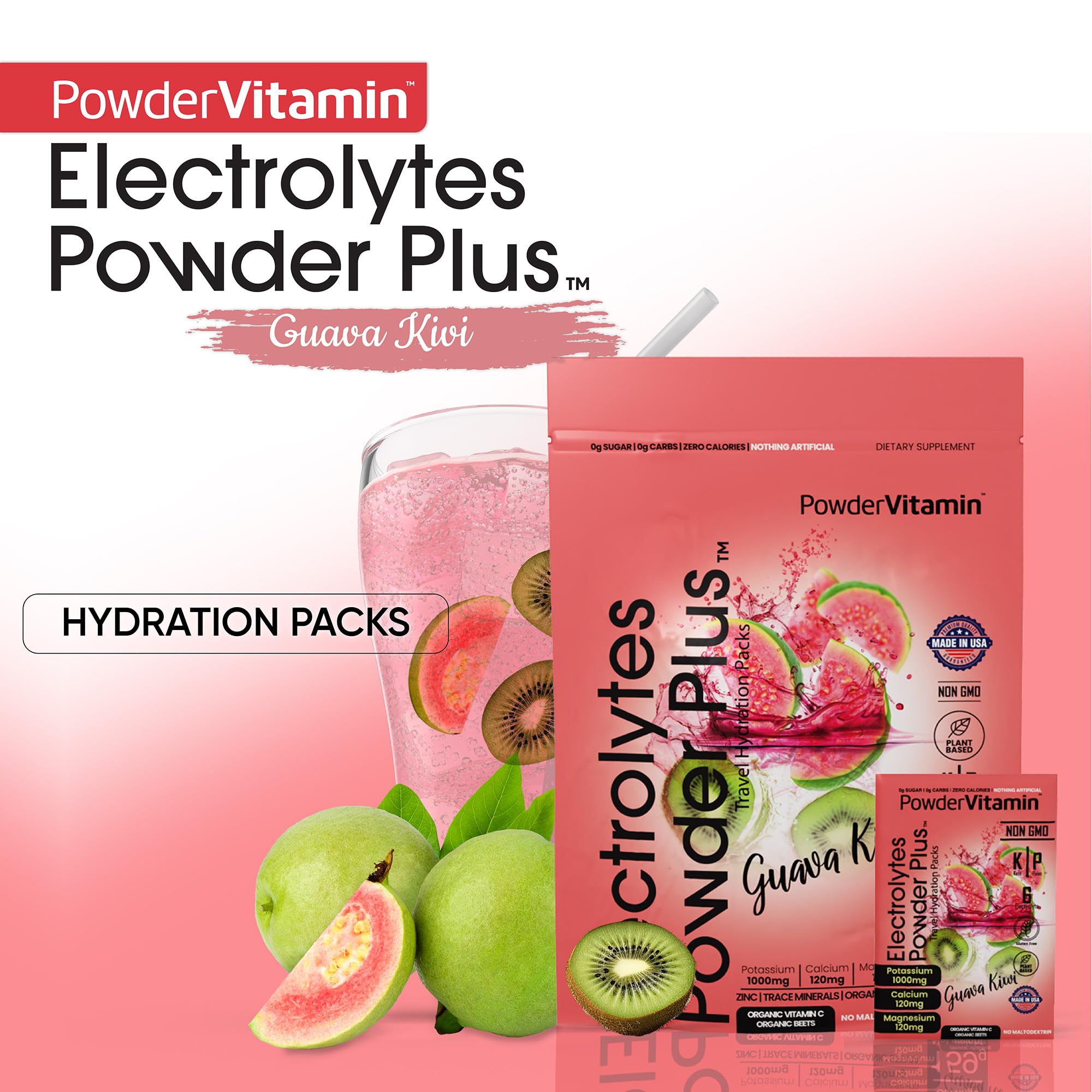 PowderVitamin Electrolitos en Polvo Plus, sabor guayaba y kiwi para hidratación deliciosa.