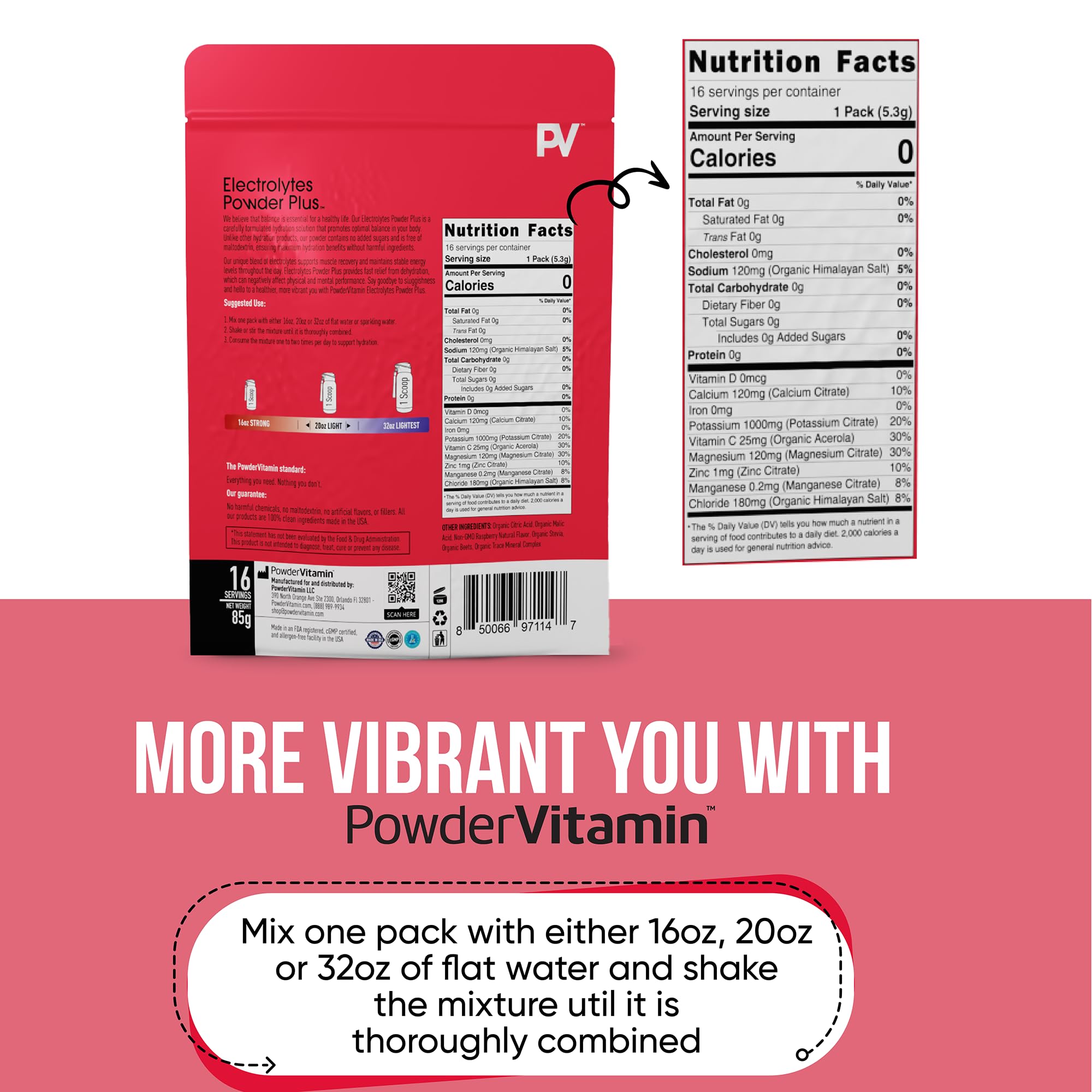 PowderVitamin Electrolytes frambuesa-dispersion: se disuelve fácilmente en agua para energía suave.