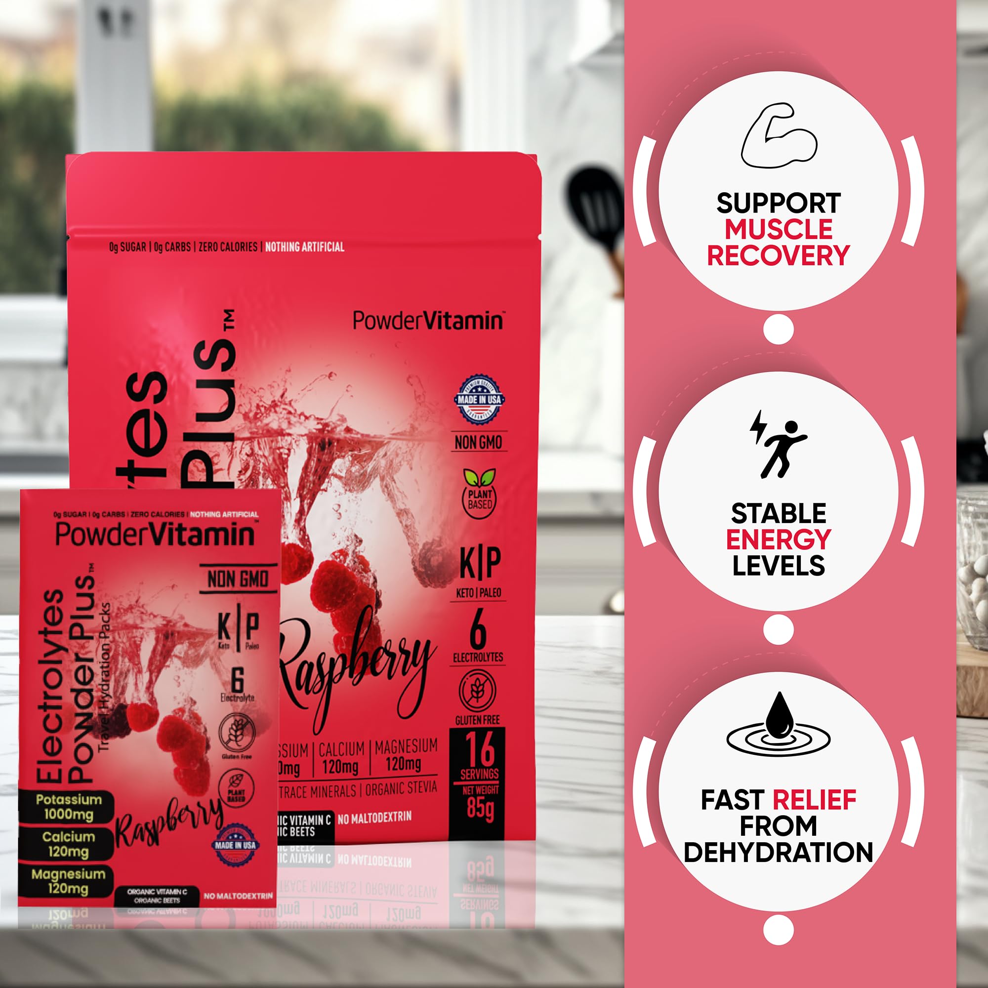 PowderVitamin Electrolytes frambuesa-empaque: 16 sobres prácticos para viajar y entrenar.