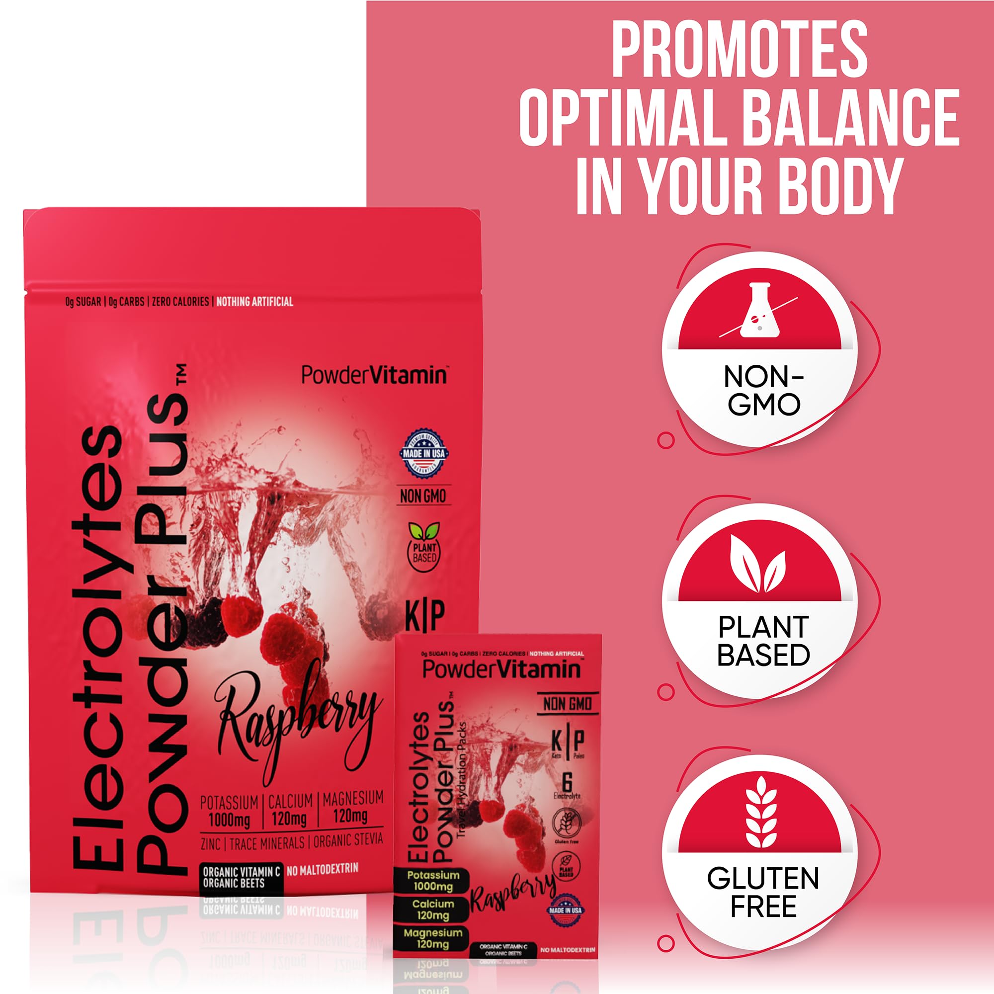PowderVitamin Electrolytes frambuesa-entrenamiento: apoyo a rendimiento e hidratación durante sesiones.