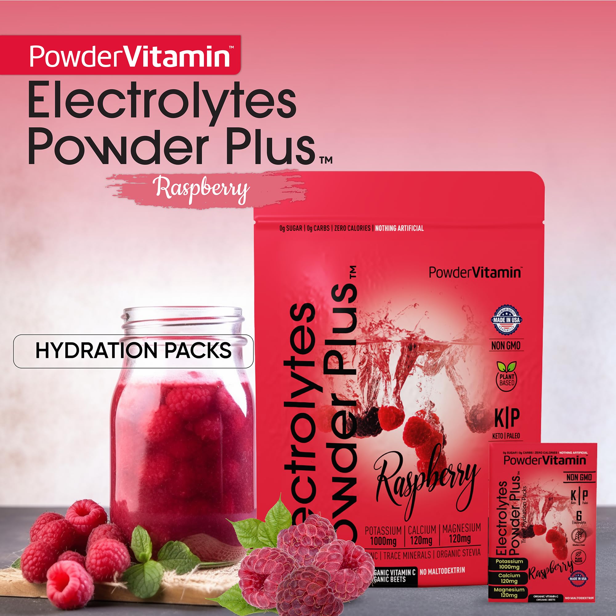 PowderVitamin Electrolytes frambuesa-ingredientes: mezcla limpia con potasio y magnesio.