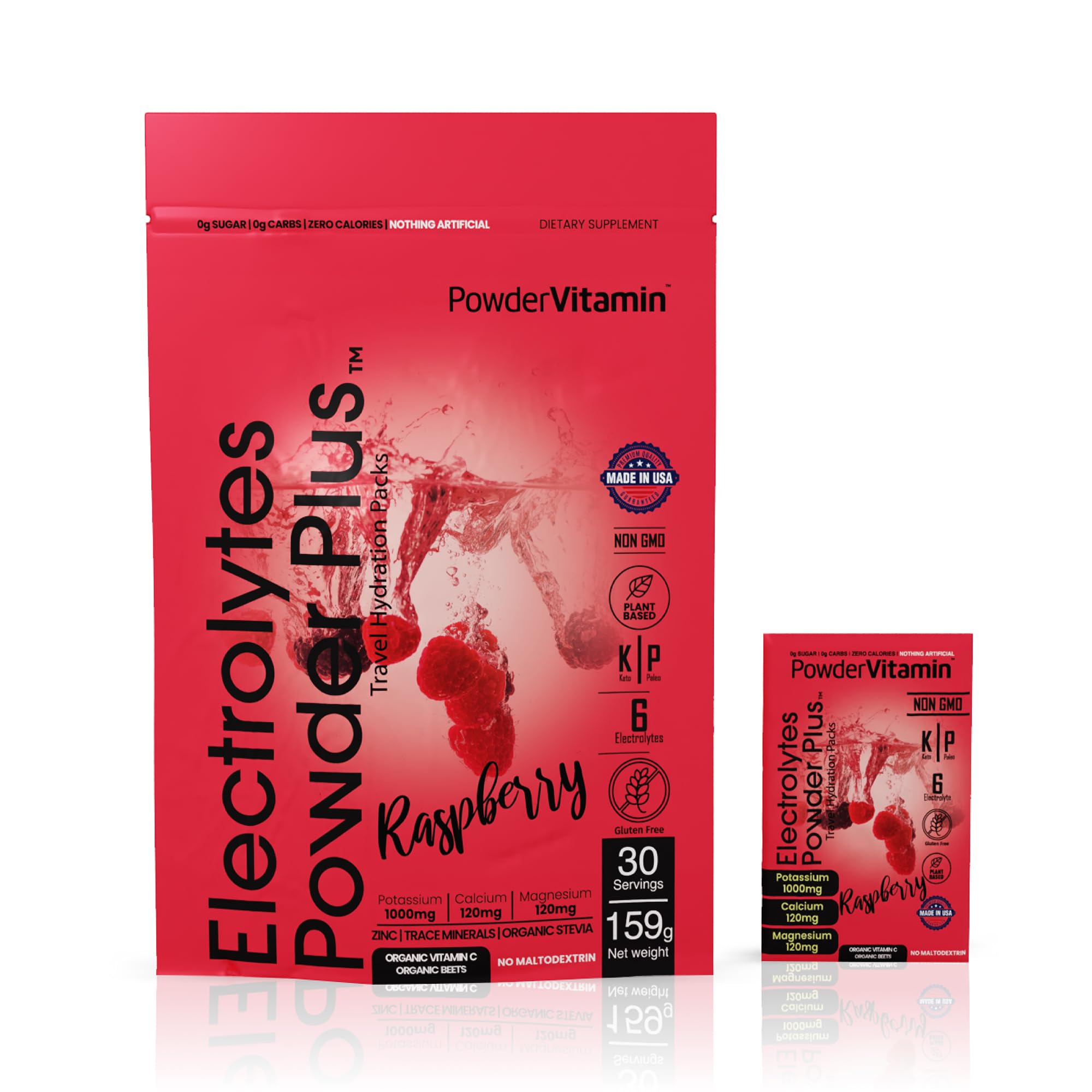 PowderVitamin electrolitos frambuesa en paquete para hidratación diaria sin calorías