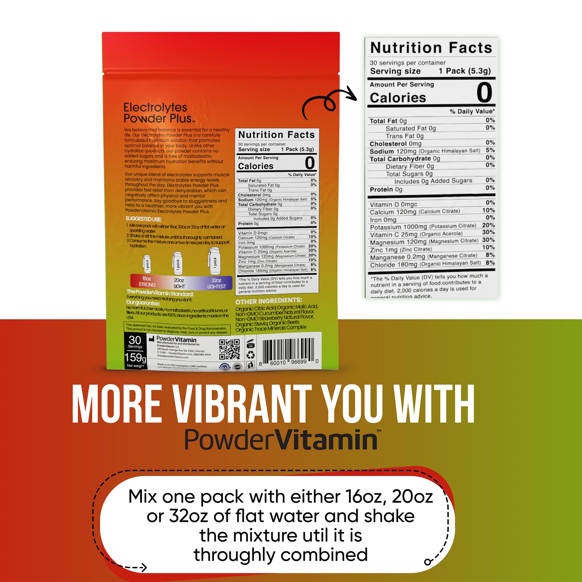 PowderVitamin Electrolytes ingredientes orgánicos beets y vitamina C para energía natural.