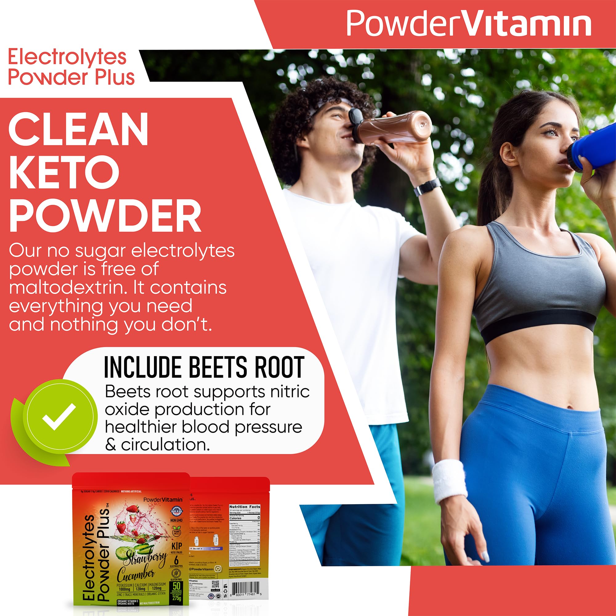 PowderVitamin Electrolytes, contiene calcio 120 mg para apoyo mineral, con sabor refrescante.
