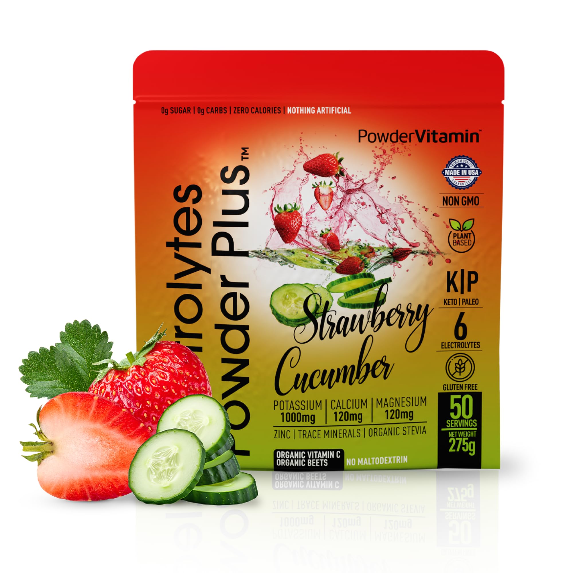 PowderVitamin Electrolytes en frasco 275 g con sabor fresa pepino para rehidratación.