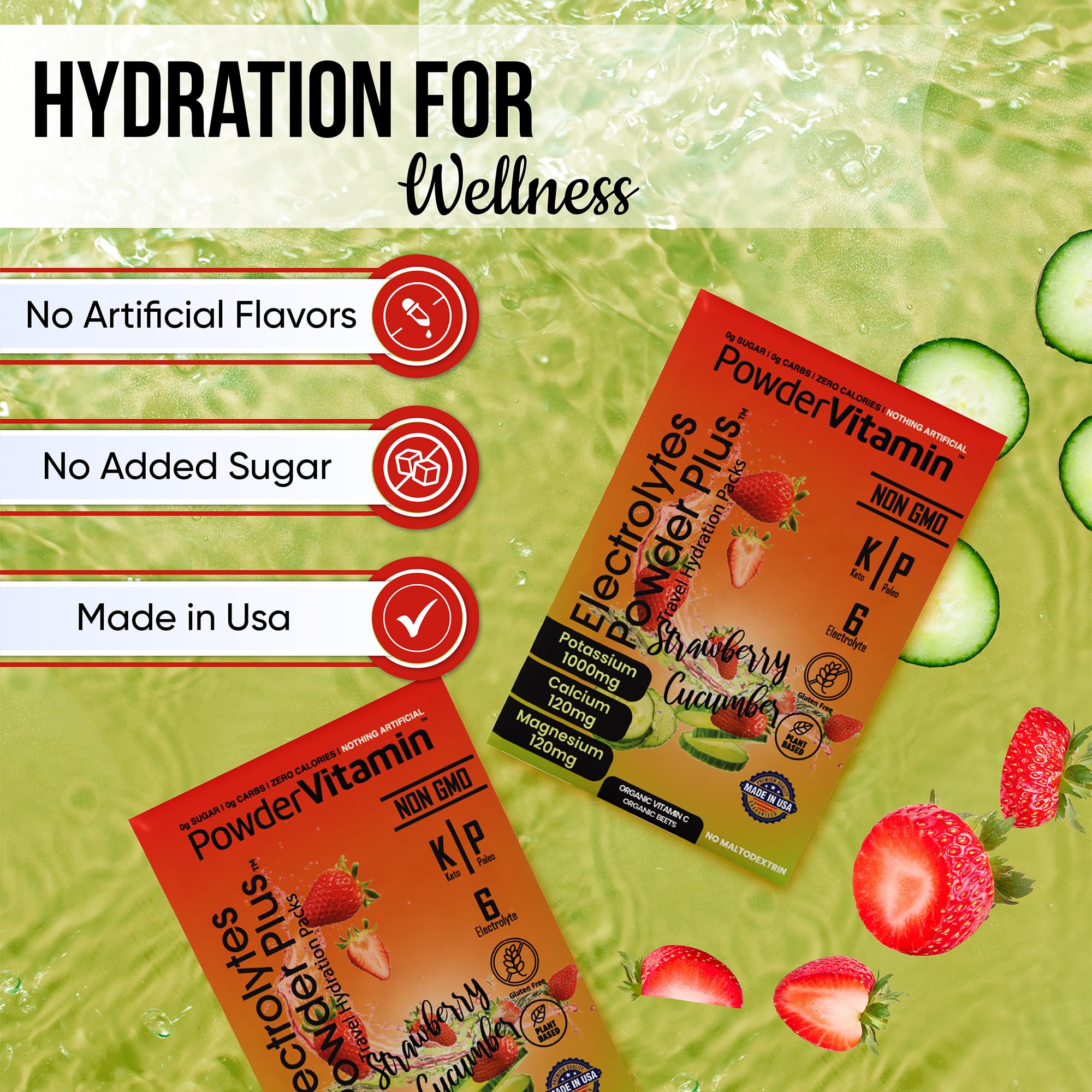 PowderVitamin Electrolytes mezcla con potasio, magnesio y calcio para equilibrio mineral.