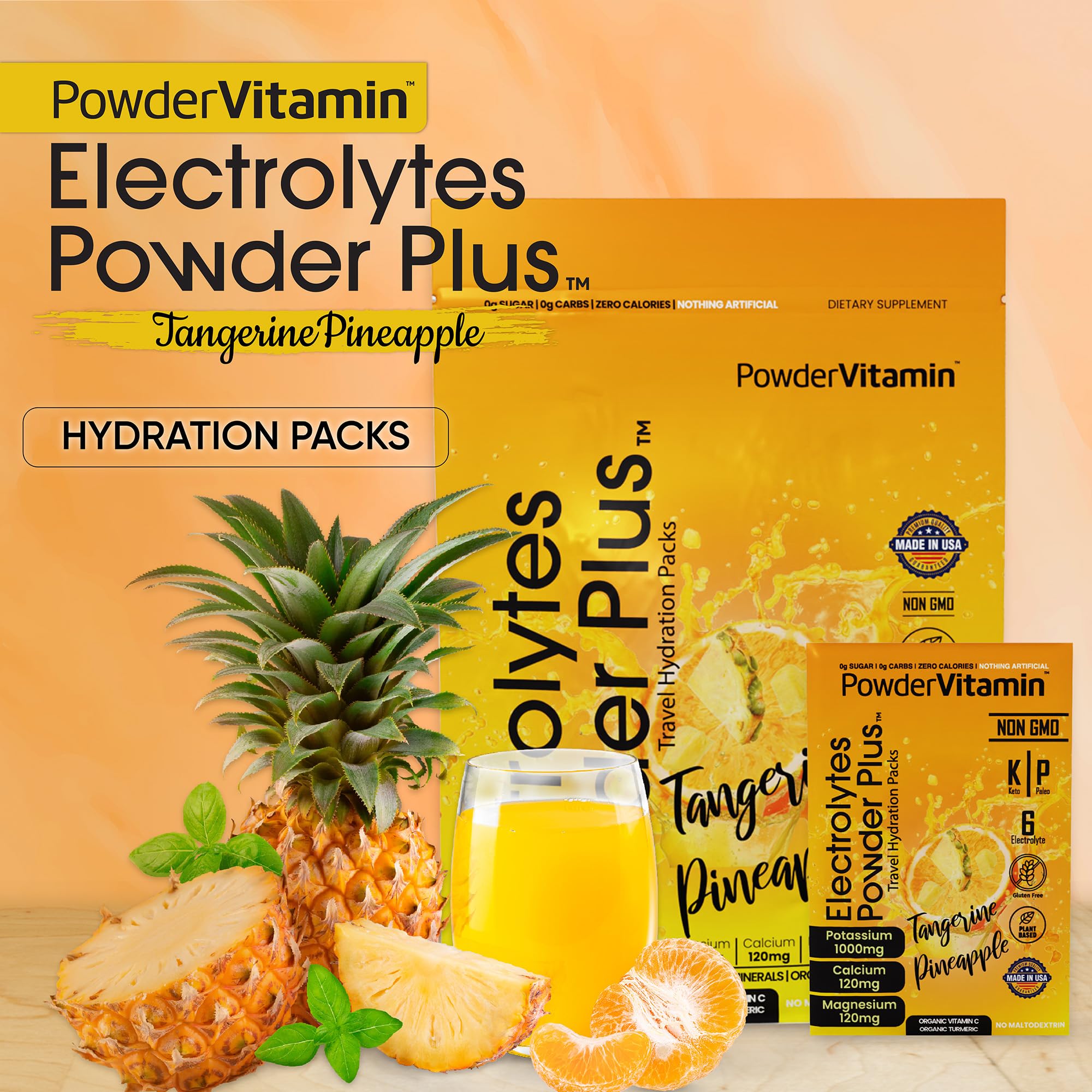 PowderVitamin Electrolitos paquetes 30 mandarina-pina, preparación fácil en agua.