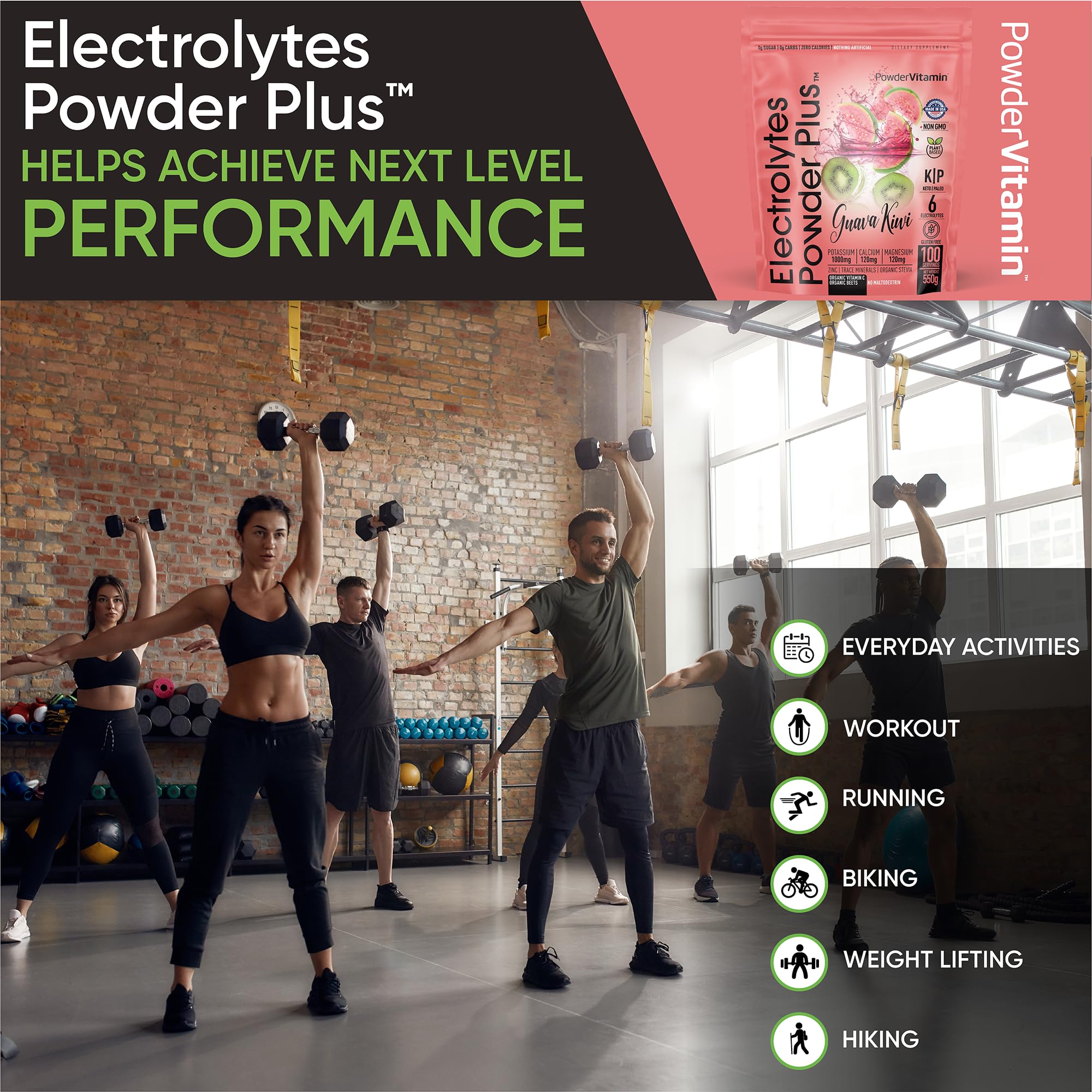 PowderVitamin Electrolytes Plus persona bebiendo tras entrenamiento, rehidratación suave.