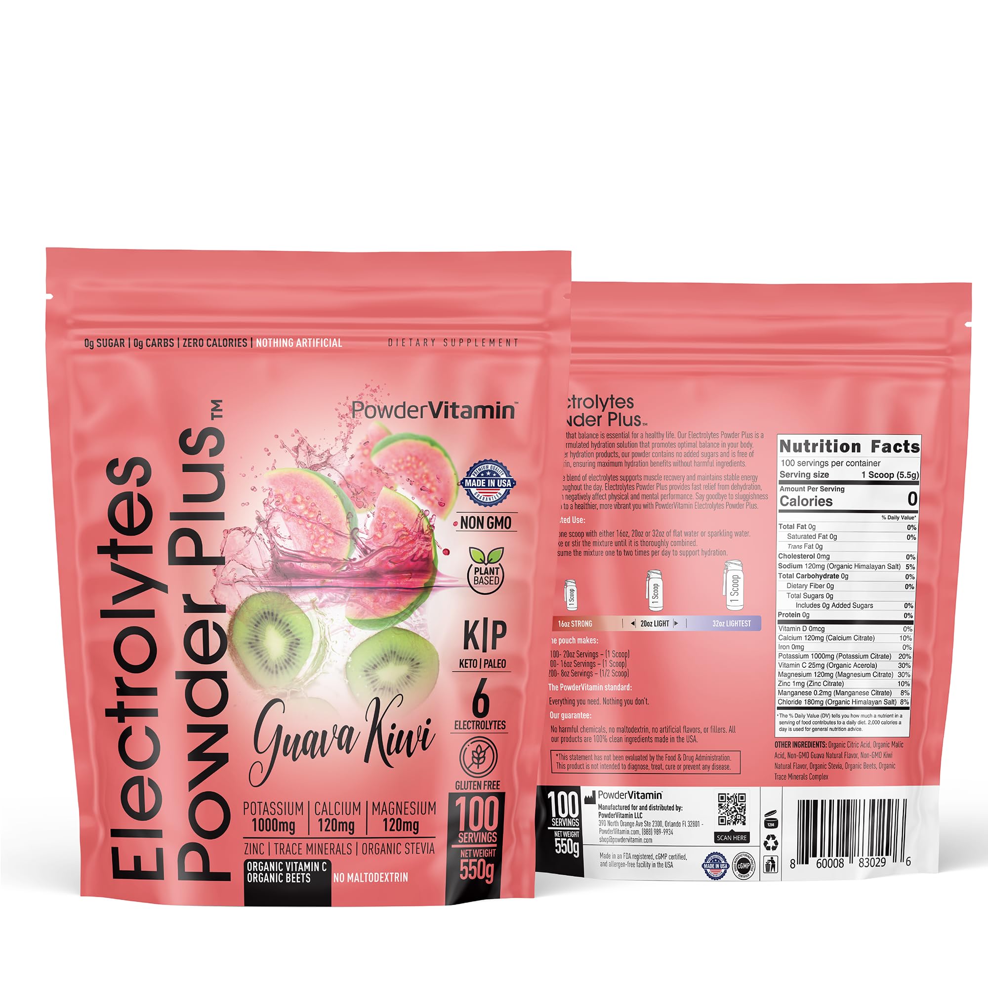 PowderVitamin Electrolytes Plus en bolsa de guayaba kiwi, hidratación sabrosa y sin calorías.