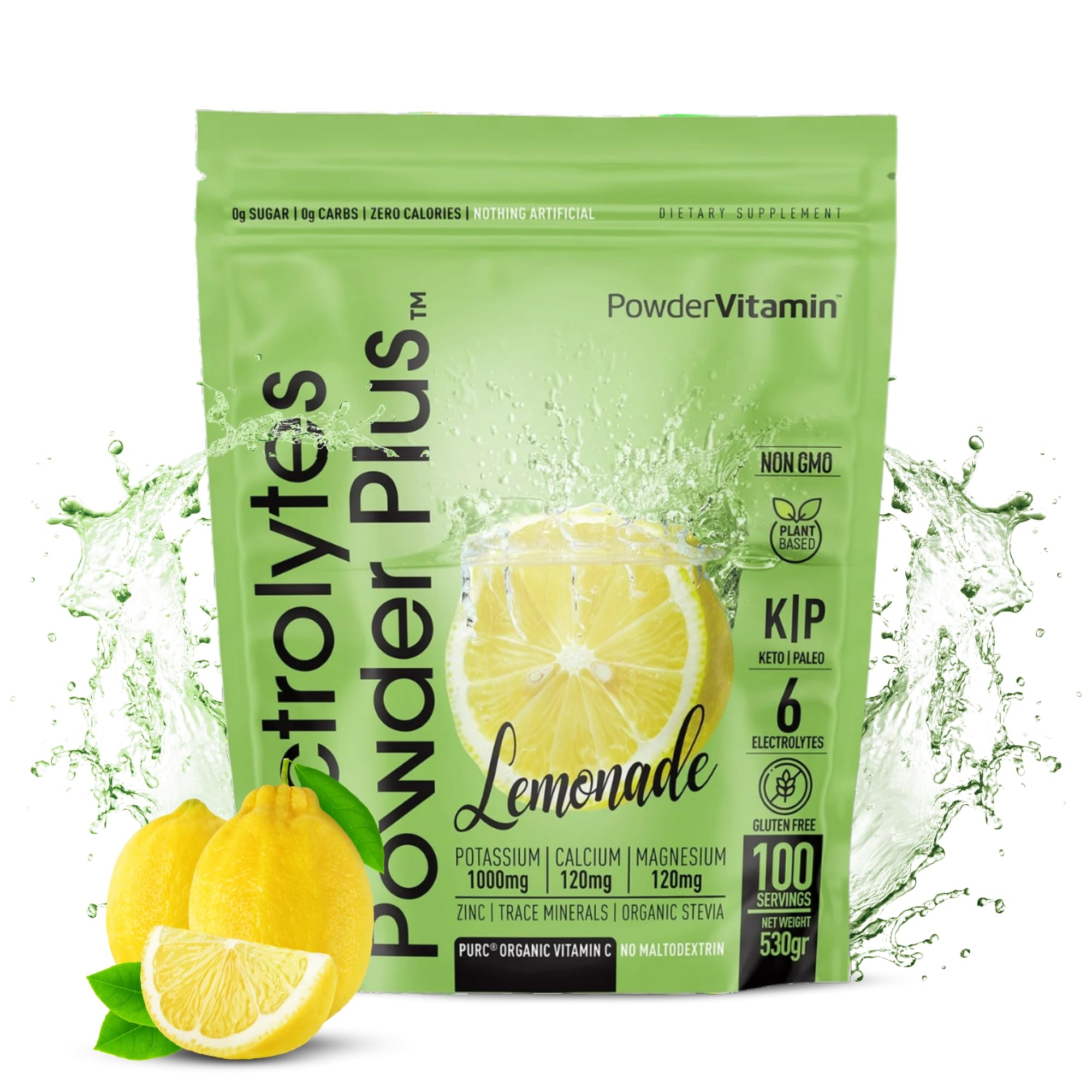 PowderVitamin Electrolytes frente al envase, hidratación sin calorías.