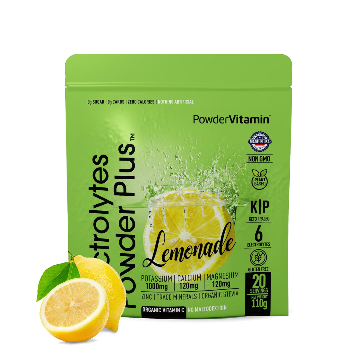 PowderVitamin Electrolytes: polvo de limón en vaso para hidratación saborizada y sin calorías.
