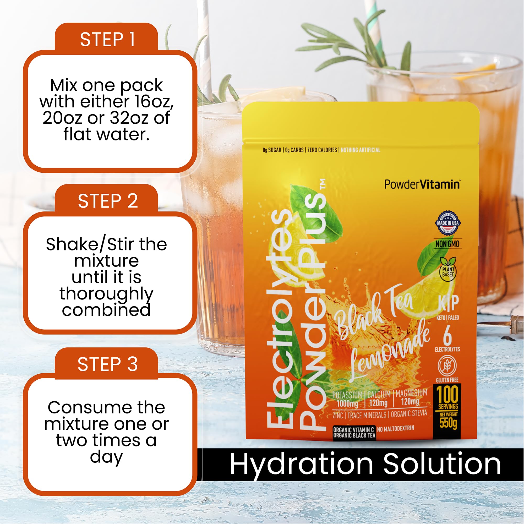 PowderVitamin Electrolytes Powder Plus, bebida terminada en vidrio para consumo diario.