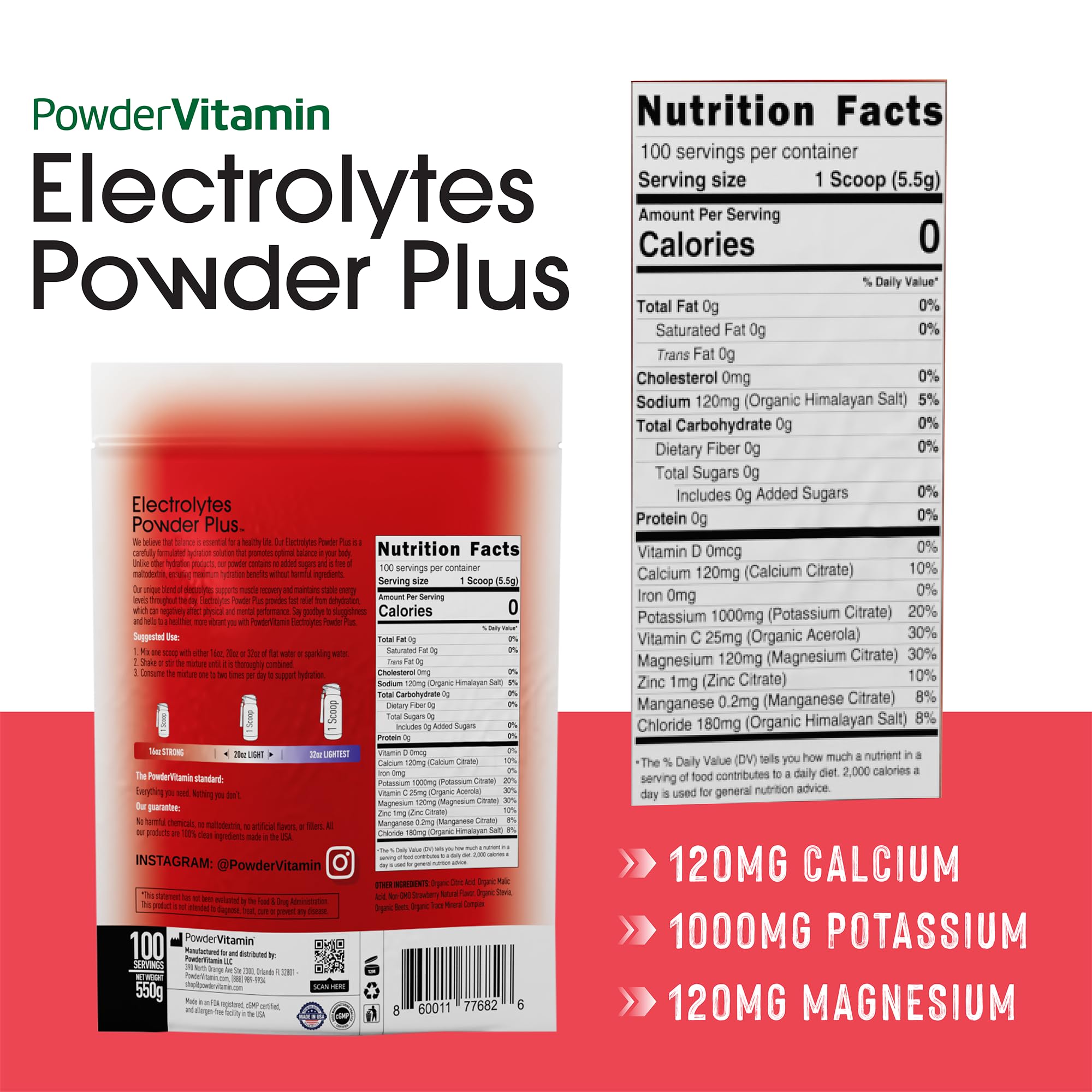 Empaque de PowderVitamin Electrolytes Plus, tamaño 550 g, fuente de electrolitos para casa.