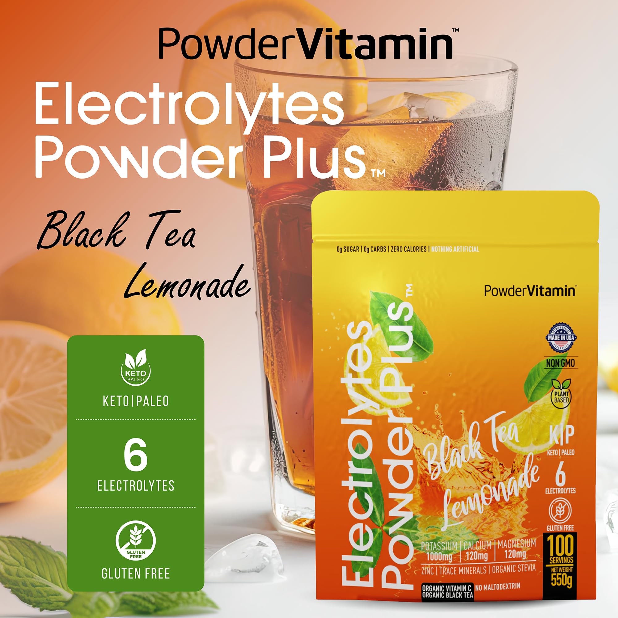 PowderVitamin Electrolytes Powder Plus, verter en agua para bebida hidratante rápida.