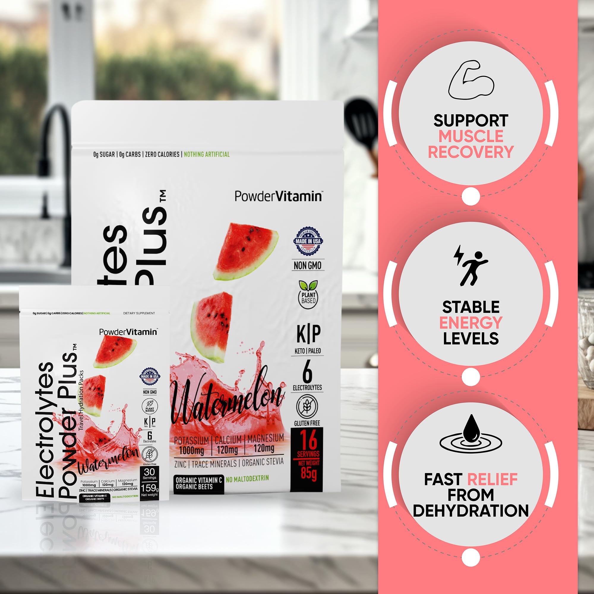 PowderVitamin Electrolytes Plus aporta 1000 mg de potasio para funciones musculares.