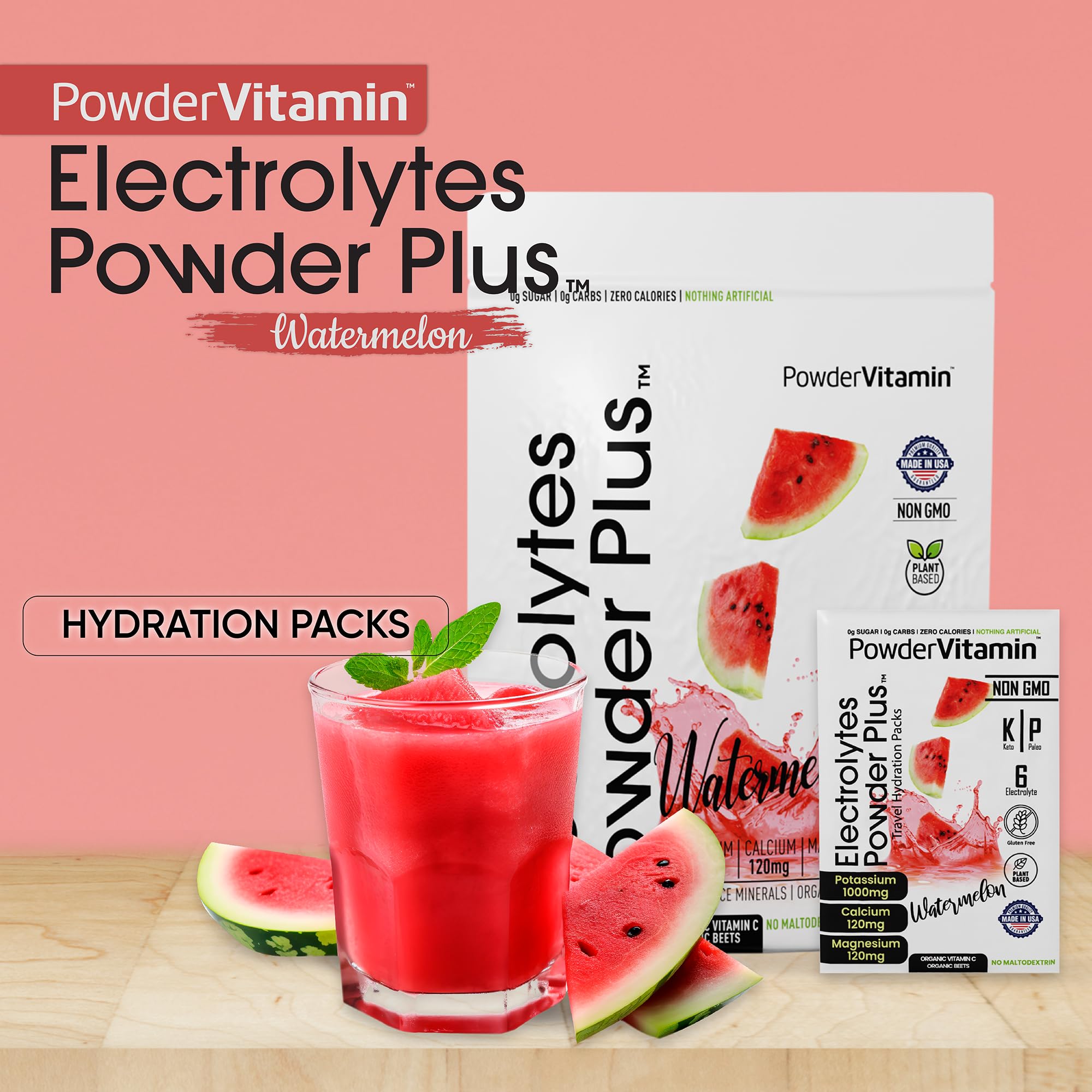 Vaso con PowderVitamin Electrolytes Plus sabor sandía tras disolución.