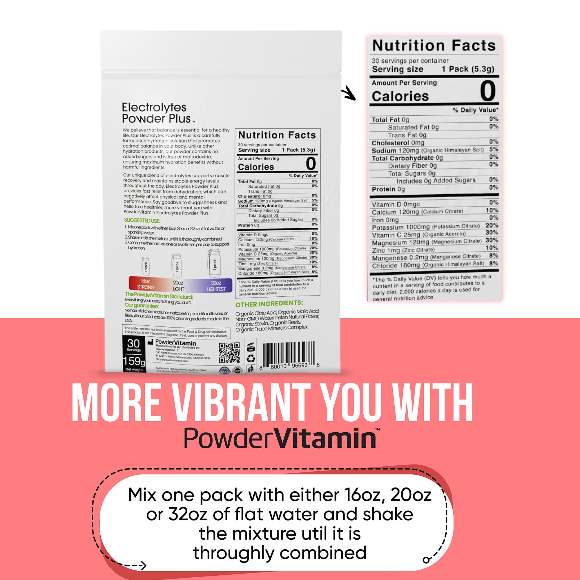 PowderVitamin Electrolytes ofrece 1000 mg de potasio en cada sobre