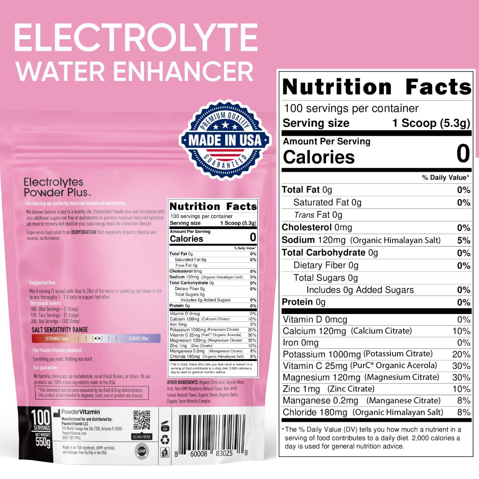 PowderVitamin Electrolytes Powder Plus agua sin calorías lista para refrescar