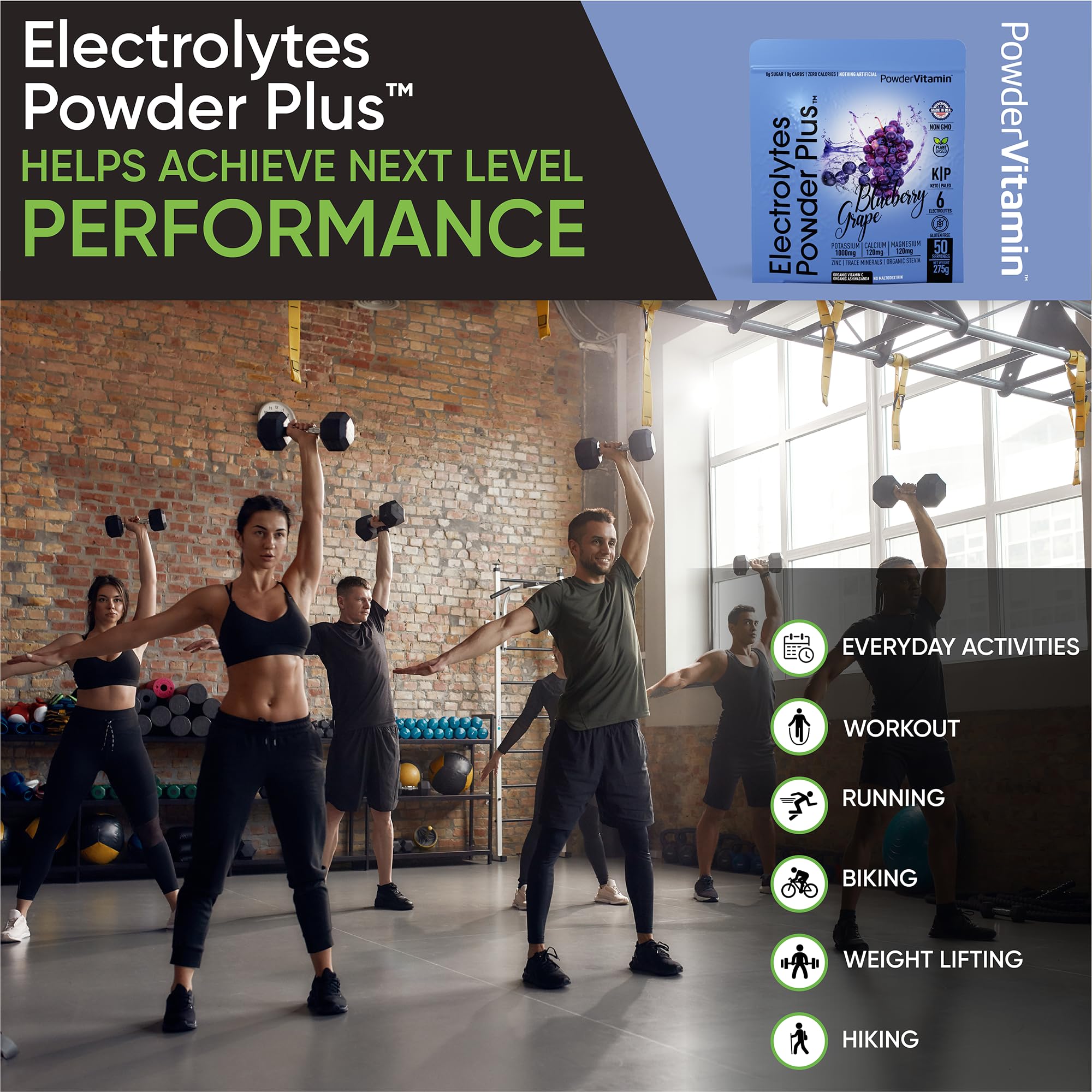 PowderVitamin Electrolytes Plus, etiqueta nutricional, sin maltodextrina ni azúcares.